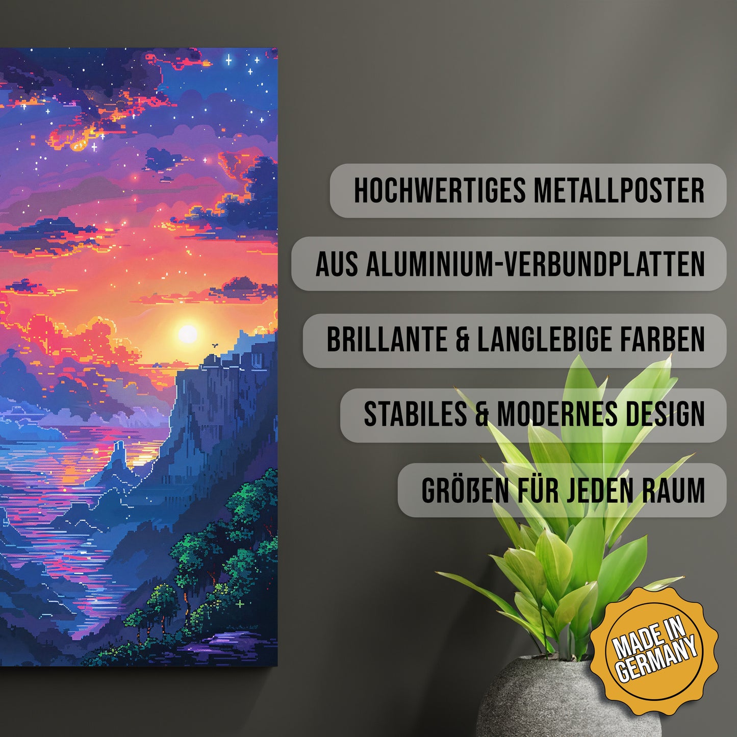 Produkt-Highlights zum Metallposter 8-Bit Traumlandschaft. Hochwertiges Metallposter, aus Aluminium-Verbundplatten, Brillante & langlebige Farben, stabiles & modernes design, größen für jeden Raum, Made in Germany.