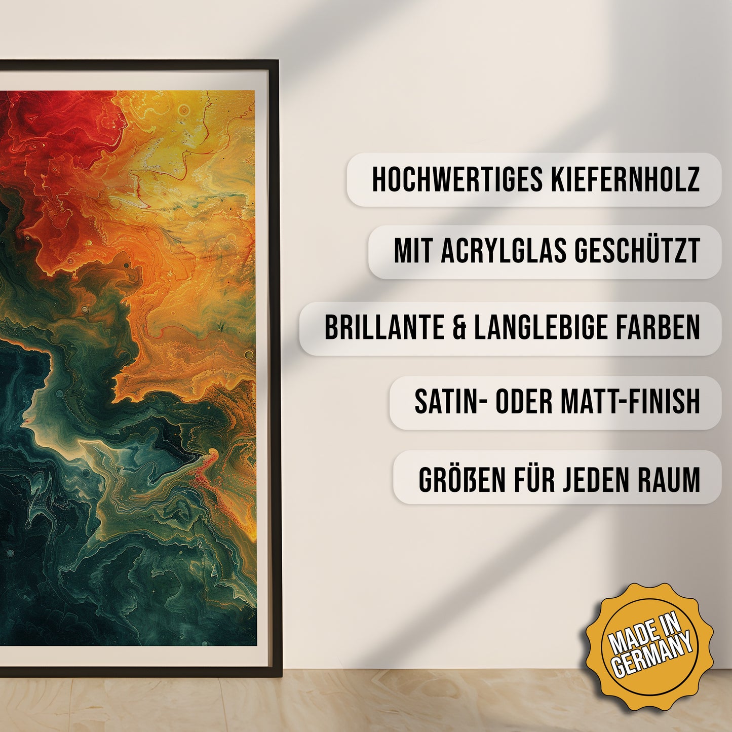 Produkt-Highlights zum gerahmten Poster Abstrakt Fließende Energie.
Hochwertiges Kiefernholz, mit Acrylglas geschützt, Brillante & langlebige Farben, satin- oder matt-finisch, größen für jeden Raum, Made in Germany.