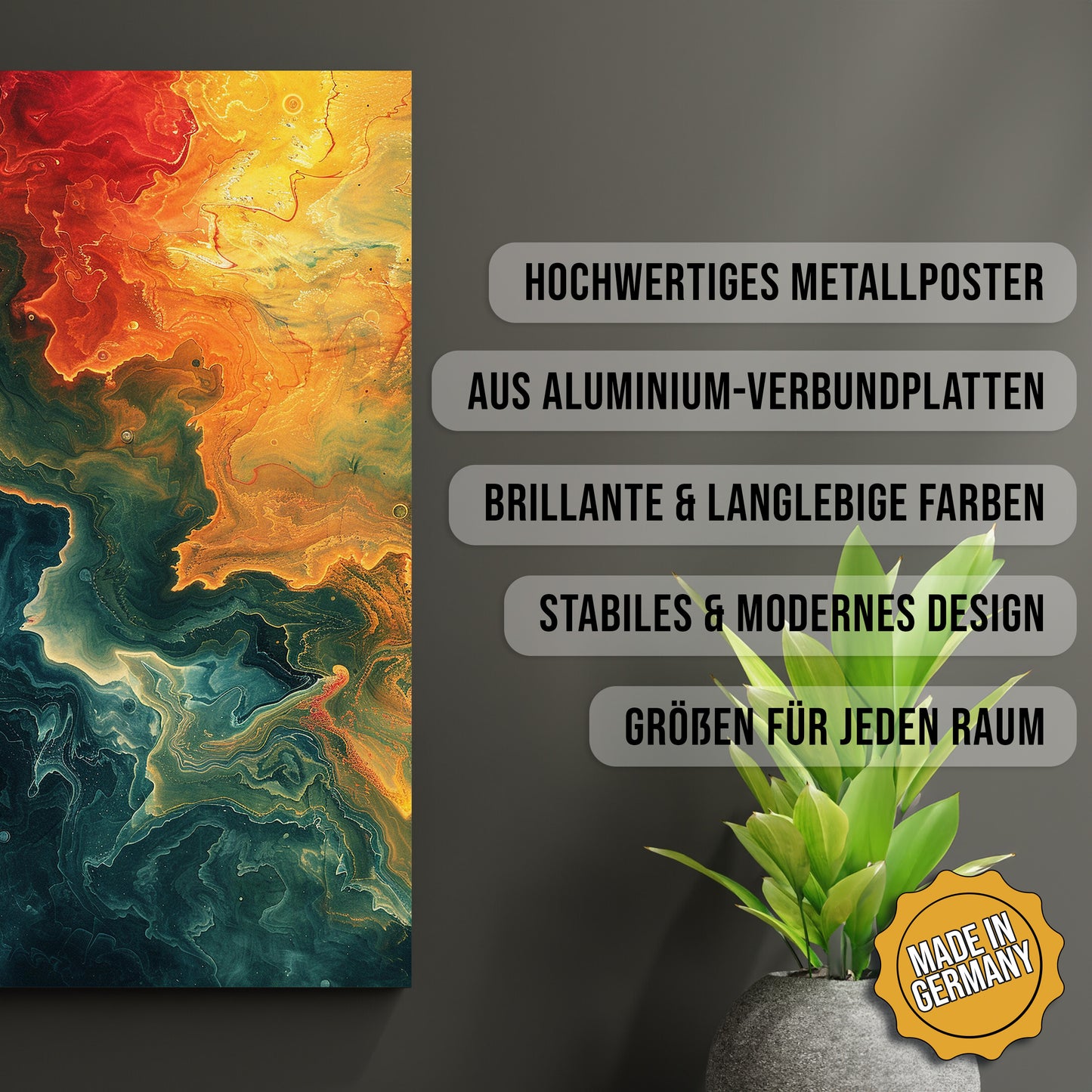 Produkt-Highlights zum Metallposter Abstrakt fließende Energien. Hochwertiges Metallposter, aus Aluminium-Verbundplatten, Brillante & langlebige Farben, stabiles & modernes design, Größen für jeden Raum, Made in Germany.