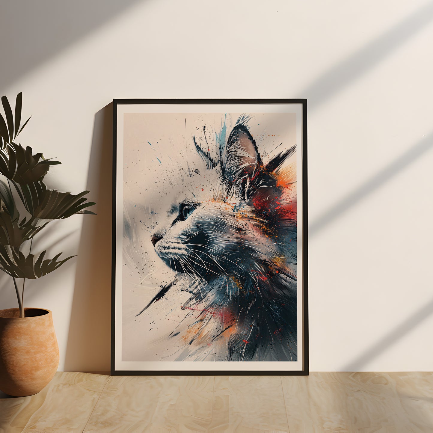 Künstlerische Darstellung einer Katze im Profil, die durch dynamische Pinselstriche und leuchtende Farben betont wird, und die Anmut und Eleganz der Katze einfängt, natur und tier poster, abstrakte katze wandposter