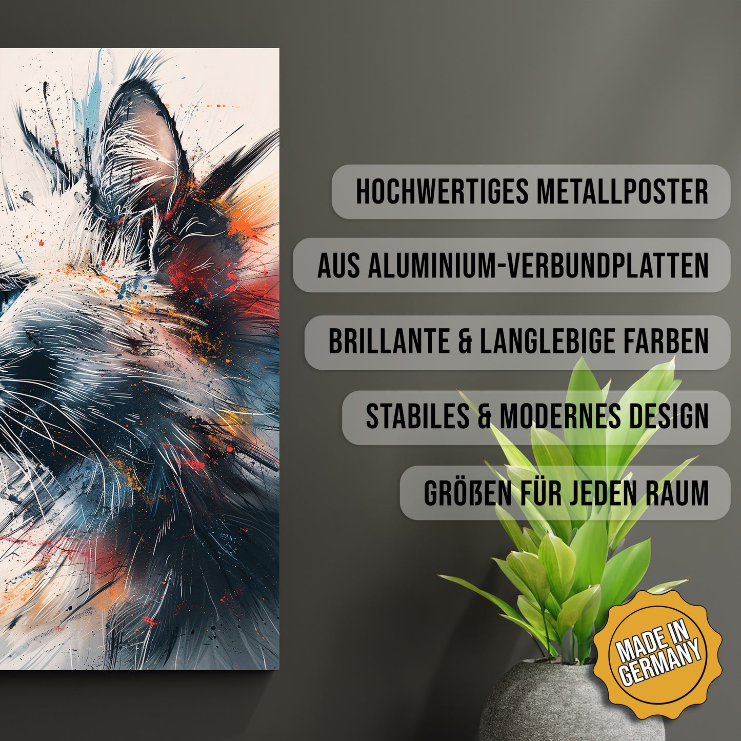 Produkt-Highlights zum Metallposter Abstrakte Eleganz. Hochwertiges Metallposter, aus Aluminium-Verbundplatten, Brillante & langlebige Farben, stabiles & modernes design, Größen für jeden Raum, Made in Germany.