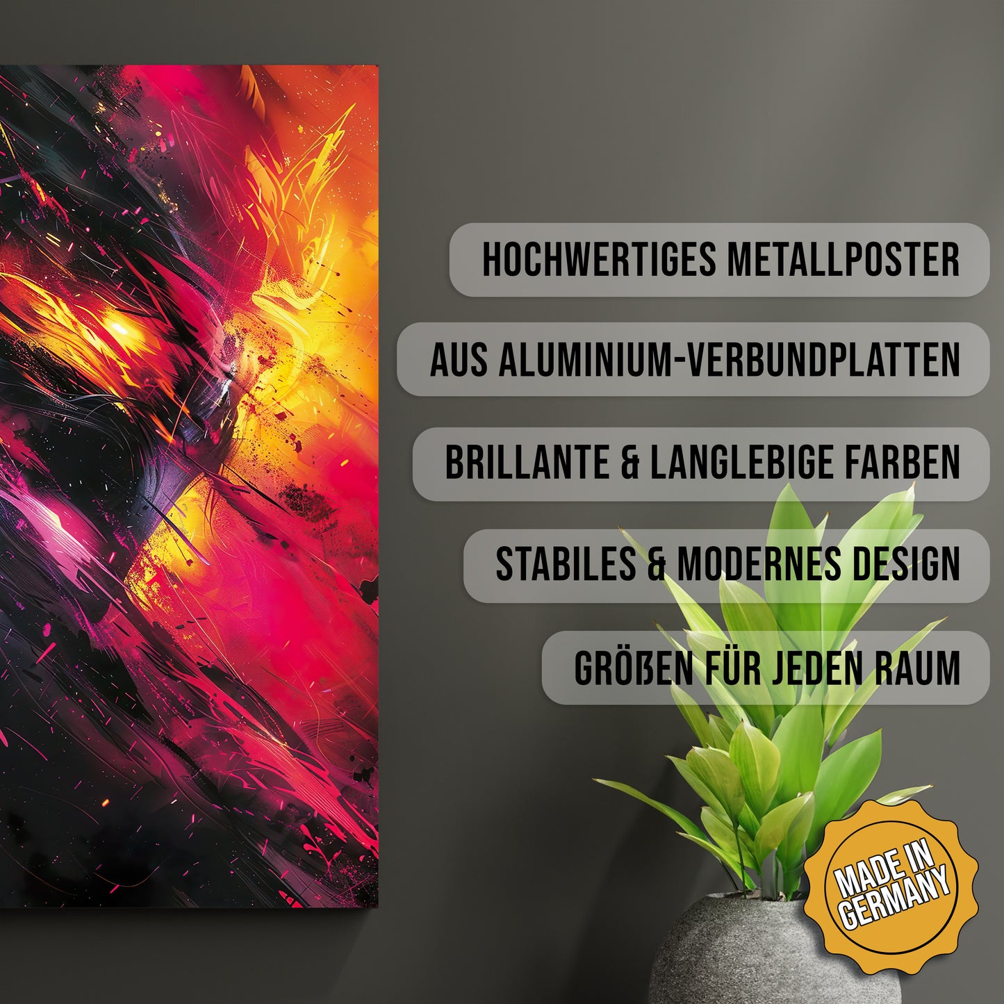 Produkt-Highlights zum Metallposter Abstrakter Zed. Hochwertiges Metallposter, aus Aluminium-Verbundplatten, Brillante & langlebige Farben, stabiles & modernes design, Größen für jeden Raum, Made in Germany.