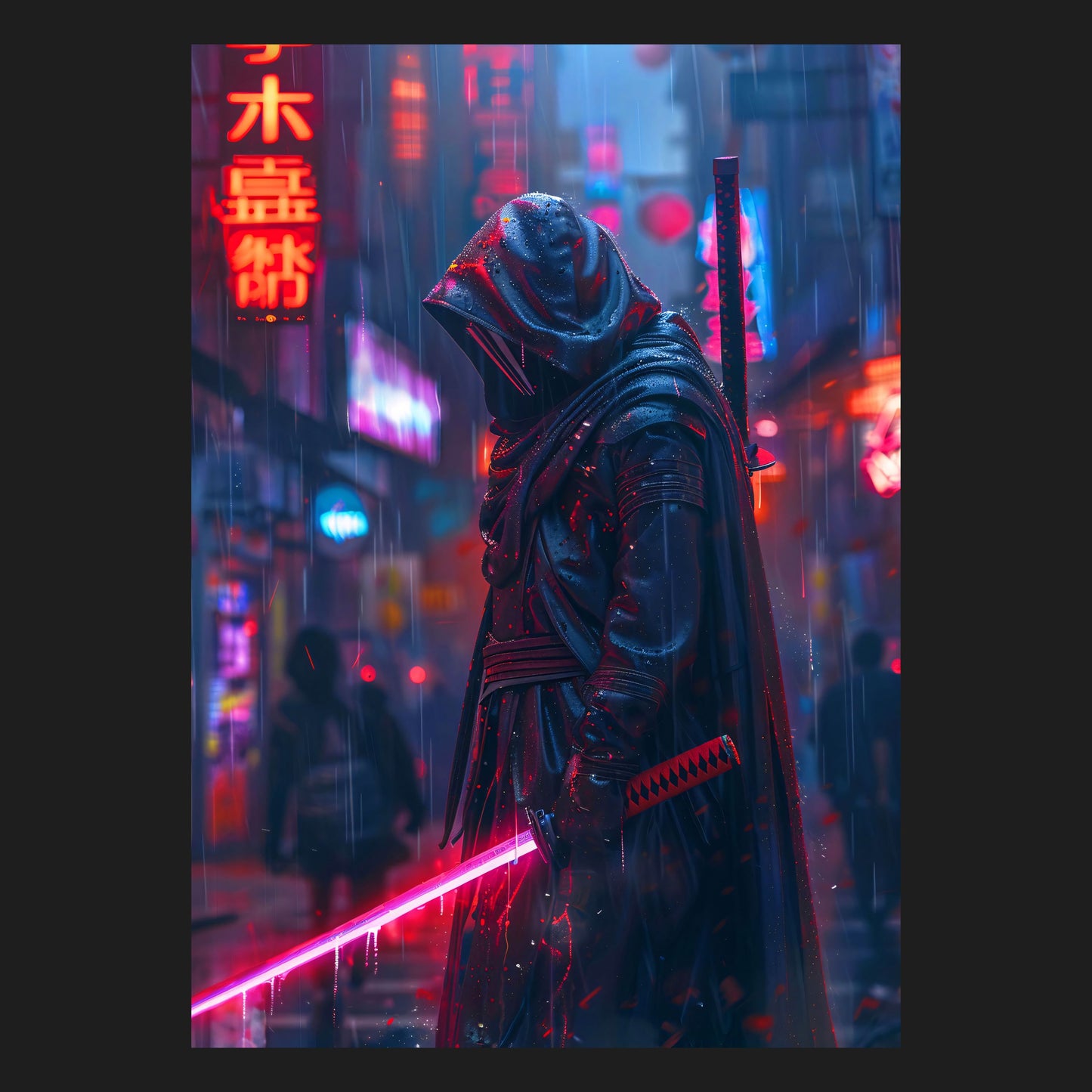 Gerahmtes Gaming Poster, Science-Fiction Wandkunst, futuristische Stadtlandschaft mit Neon Farbschema, perfekte Wanddekoration für Gamer und Action-Roleplay-Fans, Cyber Samurai