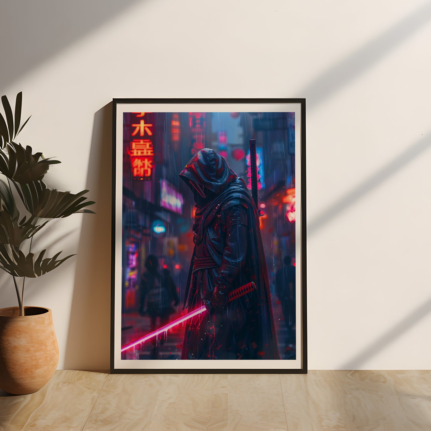 Gerahmtes Gaming Poster "Abtrünniger Samurai" mit Echtholzrahmen, Science-Fiction Wandkunst, futuristische Stadtlandschaft mit Neon Farbschema, perfekte Wanddekoration für Gamer und Action-Roleplay-Fans, Cyber Samurai, Gaming Poster mit Rahmen