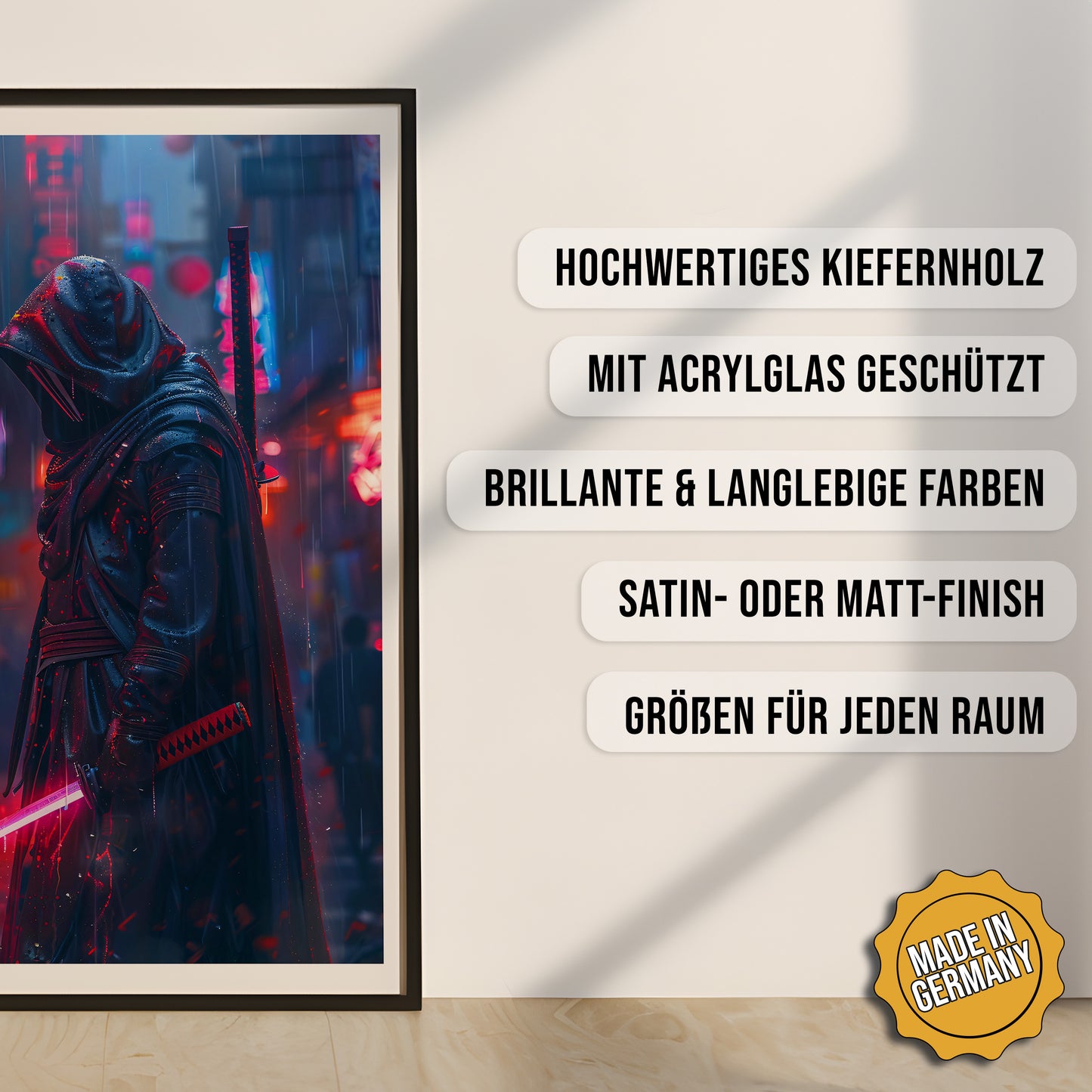 Produkt-Highlights zum gerahmten Poster Abtrünniger Samurai.
Hochwertiges Kiefernholz, mit Acrylglas geschützt, Brillante & langlebige Farben, satin- oder matt-finish, größen für jeden Raum, Made in Germany.