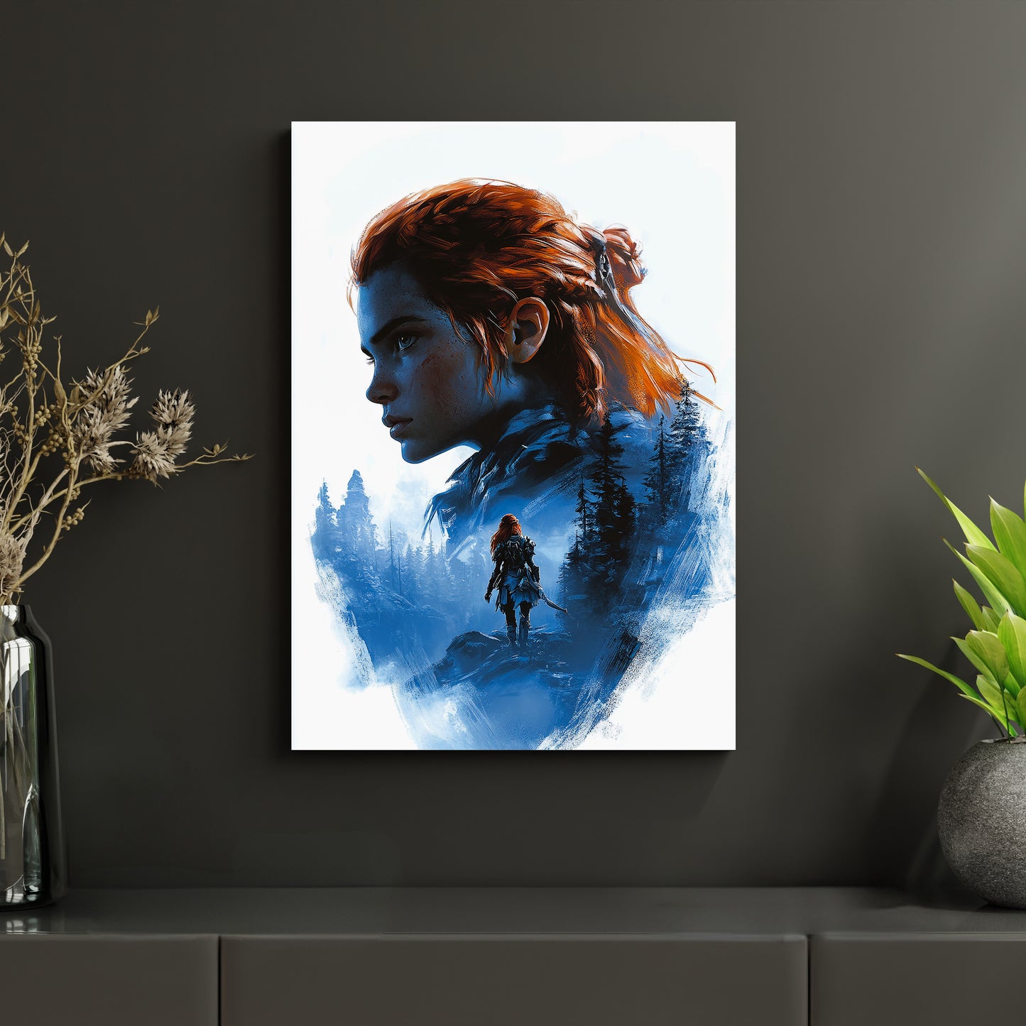 Ein hochwertiges Metallposter mit einem fesselnden Design. Es zeigt das Porträt einer entschlossenen rothaarigen Frau, ergänzt durch eine mystische Szene mit einer Waldlandschaft und einer abenteuerlichen Silhouette. Die Farben Blau und Orange dominieren, schaffen aber gleichzeitig eine künstlerische Balance zwischen kühler Ruhe und energiegeladener Wärme. Ideal für Gaming Setups.