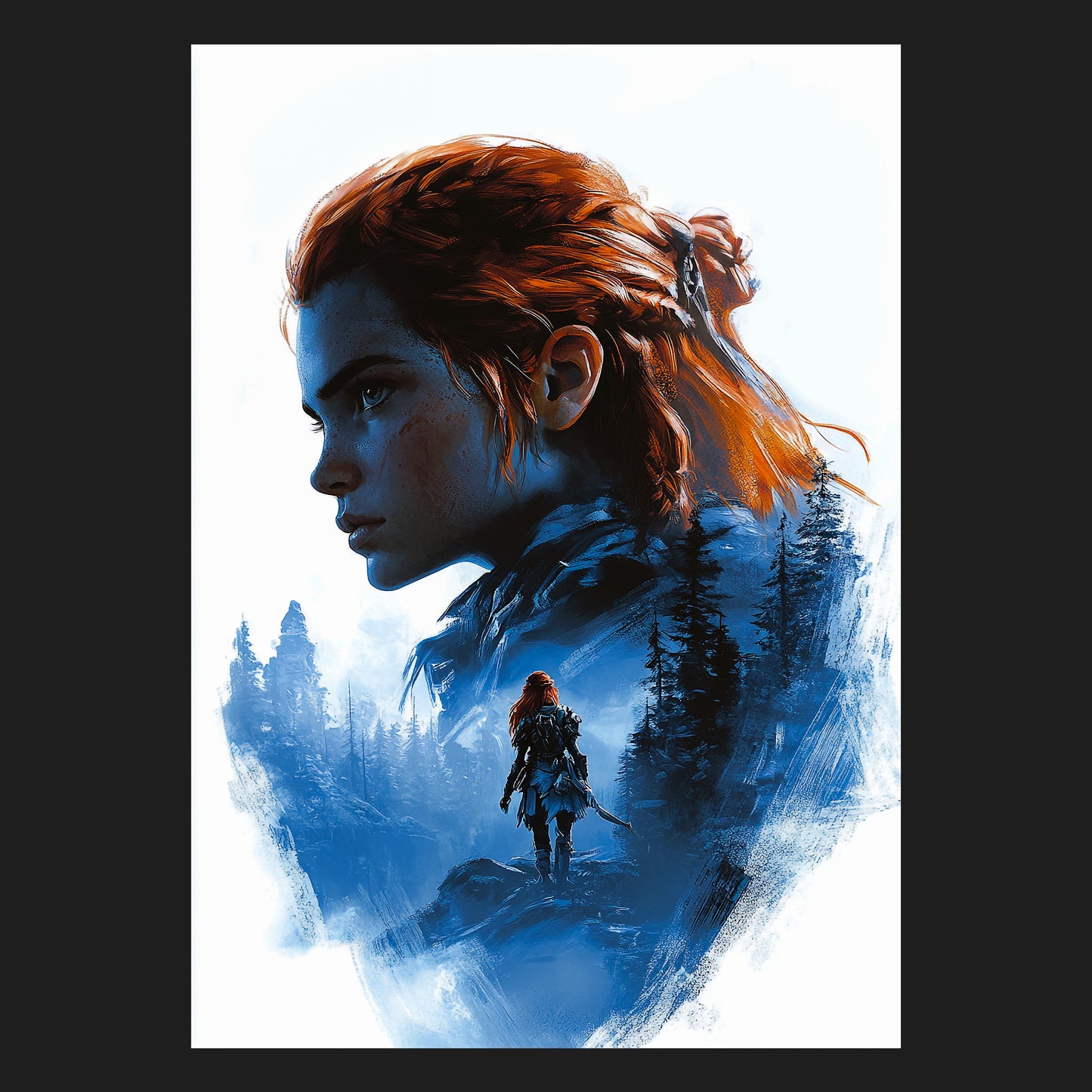 Ein beeindruckendes künstlerisches Gaming Motiv mit einer Mischung aus Porträt und Landschaft. Der Fokus liegt auf einer rothaarigen Frau im Profil, deren Entschlossenheit durch die kräftigen, kontrastierenden Farben Blau und Orange hervorgehoben wird. Im unteren Teil des Motivs betritt eine kleine Figur eine mystische Waldszene, die Abenteuer und Geheimnis ausstrahlt. Ideal für individuelle Wandgestaltungen.