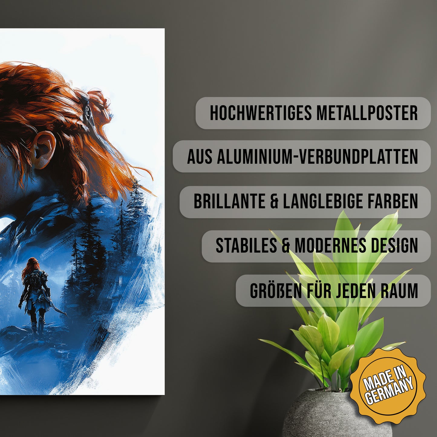 Produkt-Highlights zum Metallposter Beschützerin der Wildnis. Hochwertiges Metallposter, aus Aluminium-Verbundplatten, Brillante & langlebige Farben, stabiles & modernes design, Größen für jeden Raum, Made in Germany.