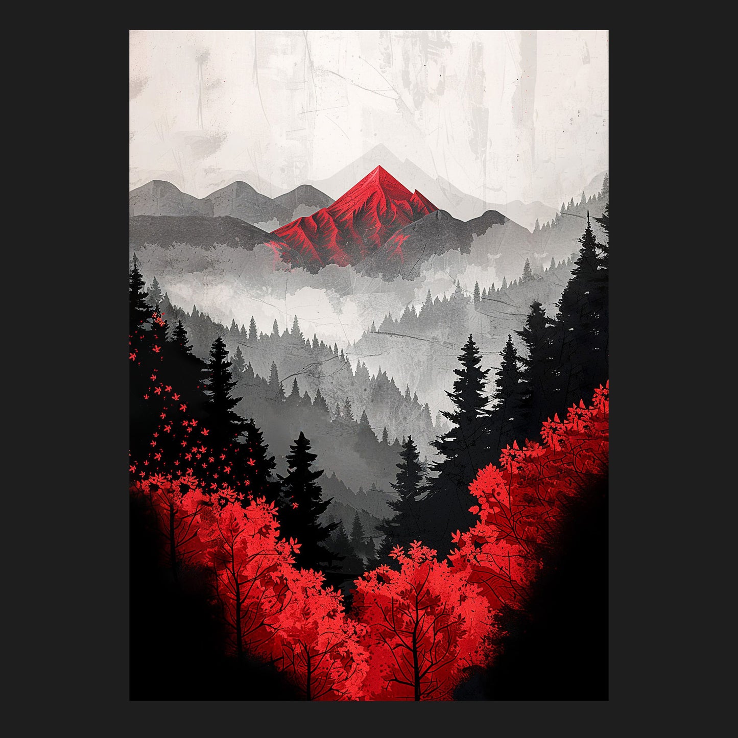 Abstraktes Waldmotiv mit dunklen Bäumen und leuchtend roten Blättern, das die mystische und kraftvolle Atmosphäre eines nebligen Morgens in den Bergen darstellt. Schwarzwald Poster, Gaming Poster, Dunkle Wälder Kunst