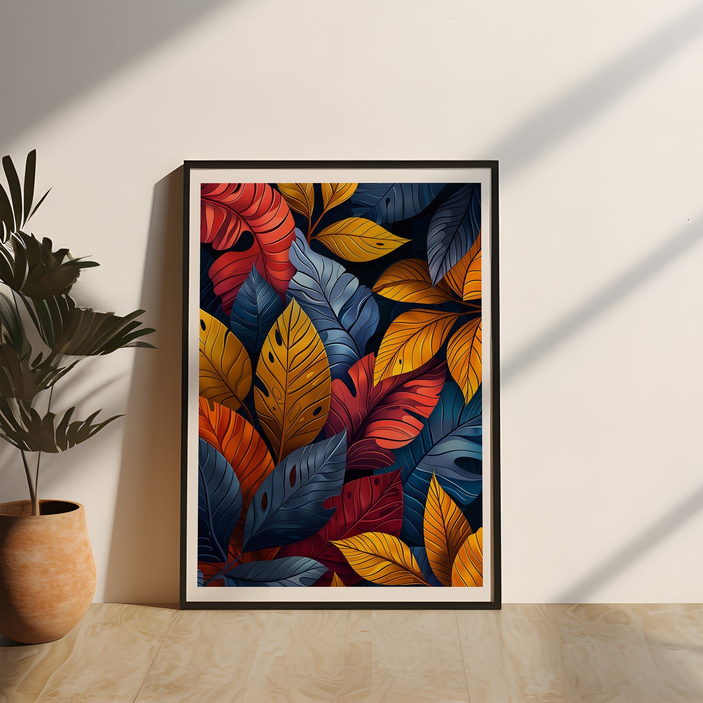 Abstraktes BlĂ€ttermotiv in leuchtenden Herbstfarben, gerahmt in einem eleganten Echtholzrahmen, das die Lebendigkeit und WĂ€rme der Natur in einer kunstvollen Darstellung einfĂ€ngt. Perfekte Wanddekoration fĂŒr eine gemĂŒtliche und einladende AtmosphĂ€re, abstrakte Natur Wandkunst, Lebendige Naturkunst, gerahmtes Poster mit BlĂ€ttern