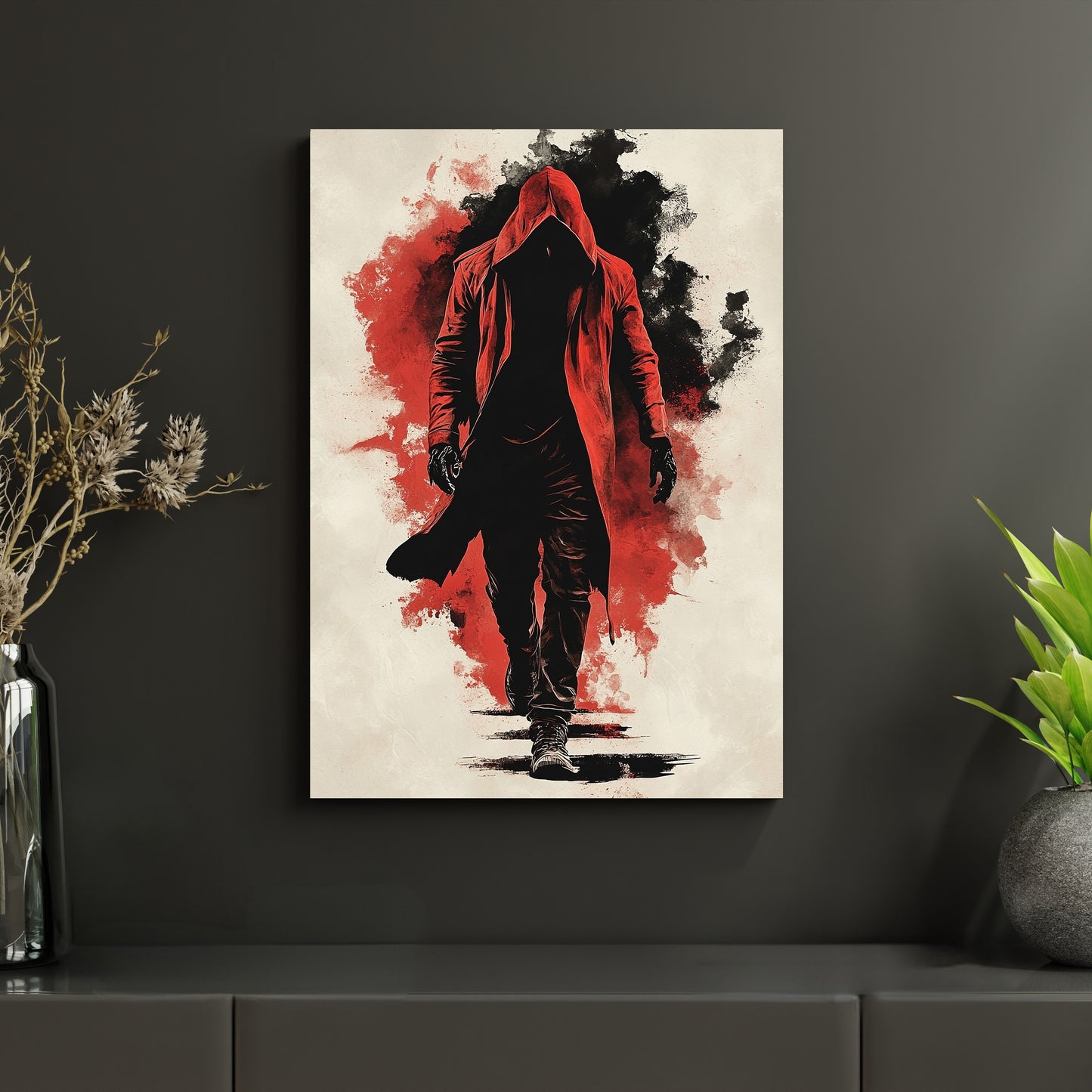 Ein hochwertiges Metallposter mit dem beeindruckenden Motiv 'Crimson Walker'. Dieses mystische Poster zeigt eine Kapuzengestalt in einem roten Mantel, umgeben von roten und schwarzen Farbspritzern, die einen starken urbanen Wandbild-Look erzeugen. Diese Graphic Art für Zuhause bringt eine künstlerische und dramatische Note in jeden Raum und eignet sich ideal als Geschenk für Kunstliebhaber. Ideal für Gaming Setups.