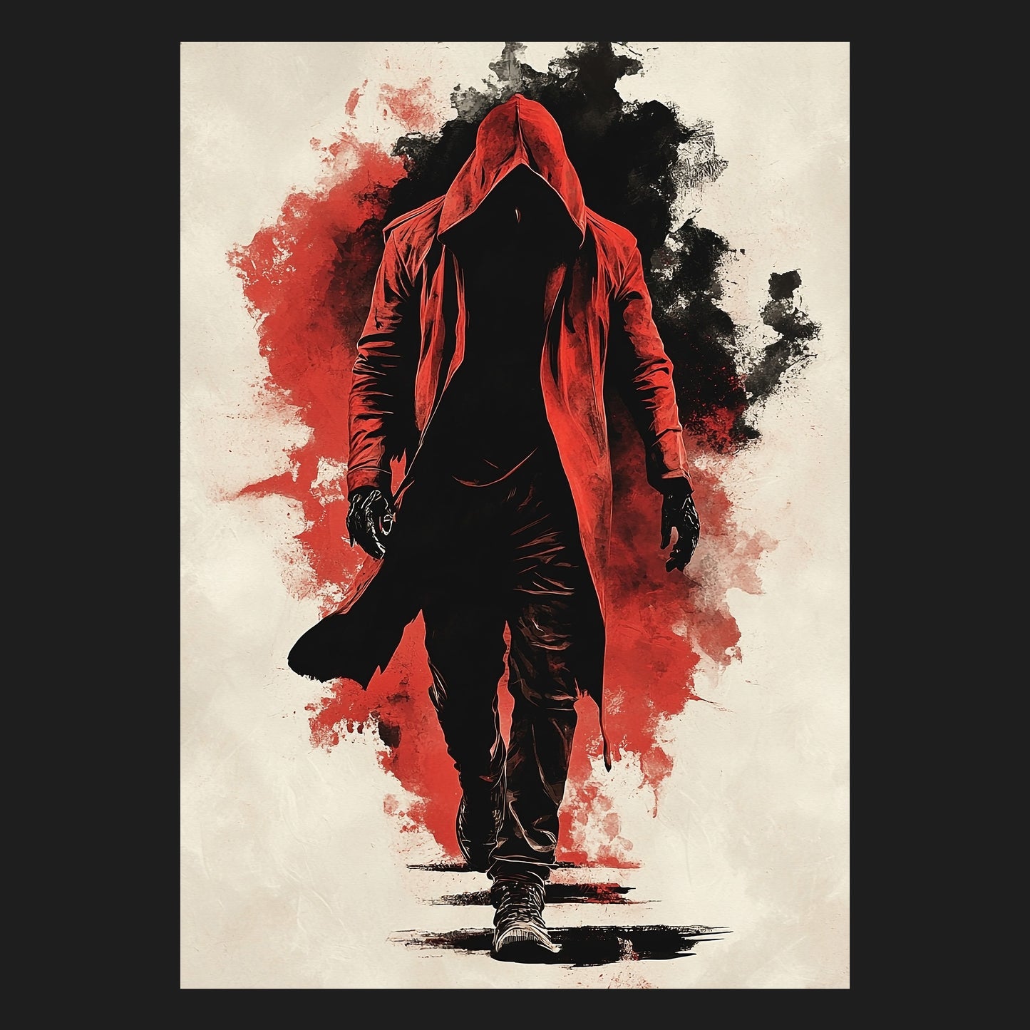 Das Kunstmotiv 'Crimson Walker' als mystisches Poster zeigt eine anonyme Figur in einem roten Mantel, die sich vor einem dramatischen Hintergrund aus schwarzen und roten Akzenten hervorhebt. Dieses urbane Wandbild kombiniert die Intensität von Graphic Art für Zuhause mit einer modernen, geheimnisvollen Ästhetik und ist ein großartiges Geschenk für Kunstliebhaber.