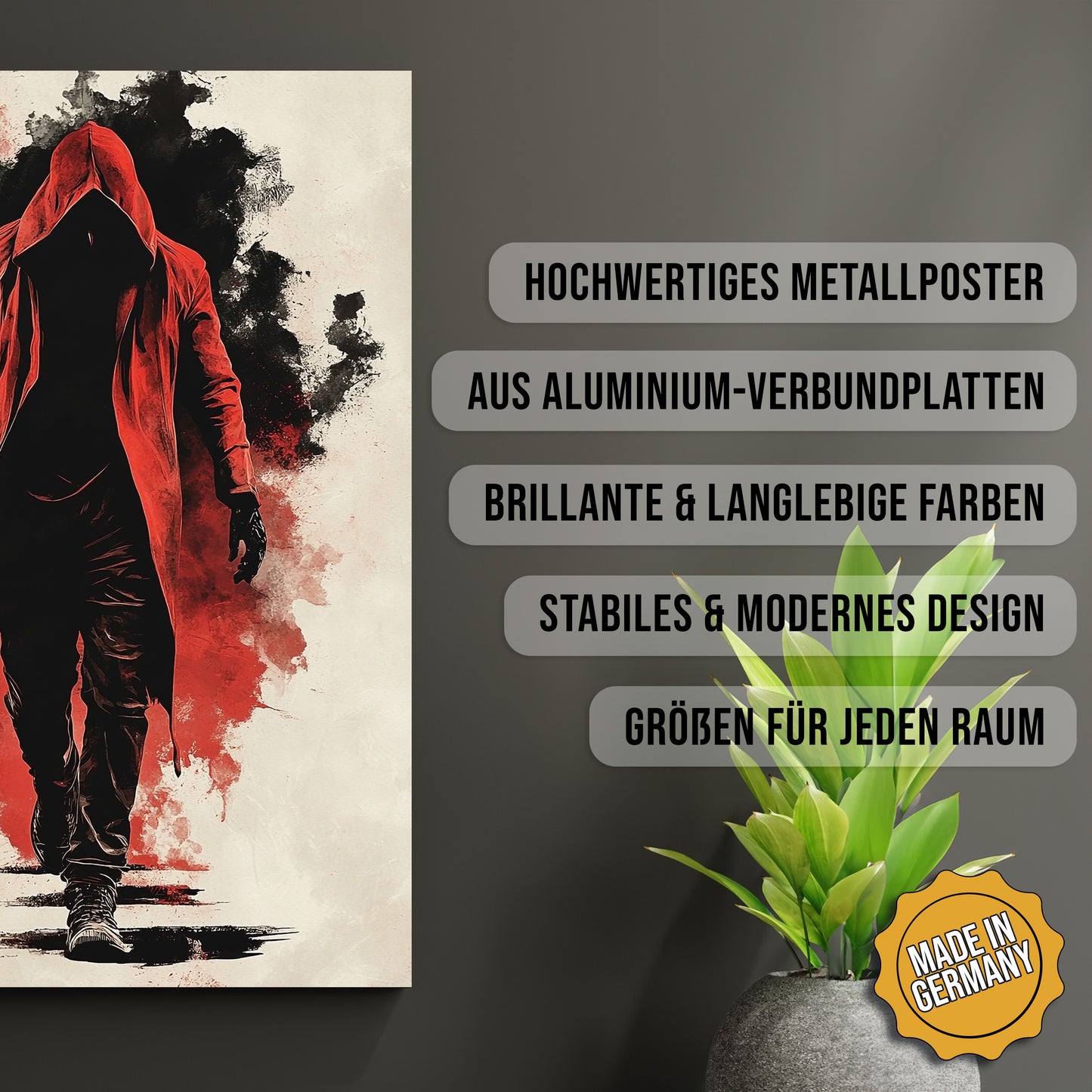 Produkt-Highlights zum Metallposter Crimson Walker. Hochwertiges Metallposter, aus Aluminium-Verbundplatten, Brillante & langlebige Farben, stabiles & modernes design, Größen für jeden Raum, Made in Germany.