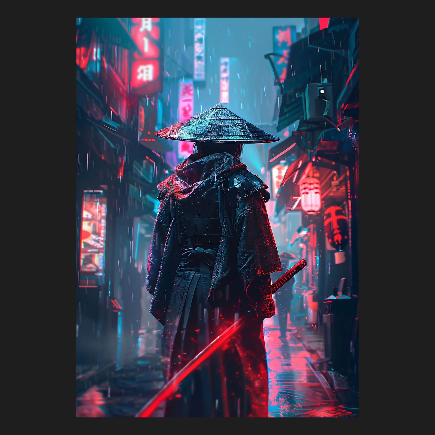 Gerahmtes Gaming Poster, Science-Fiction Wandkunst, futuristische düstere Gasse mit Neon Farbschema, perfekte Wanddekoration für Gamer und Action-Roleplay-Fans, Cyber Samurai
