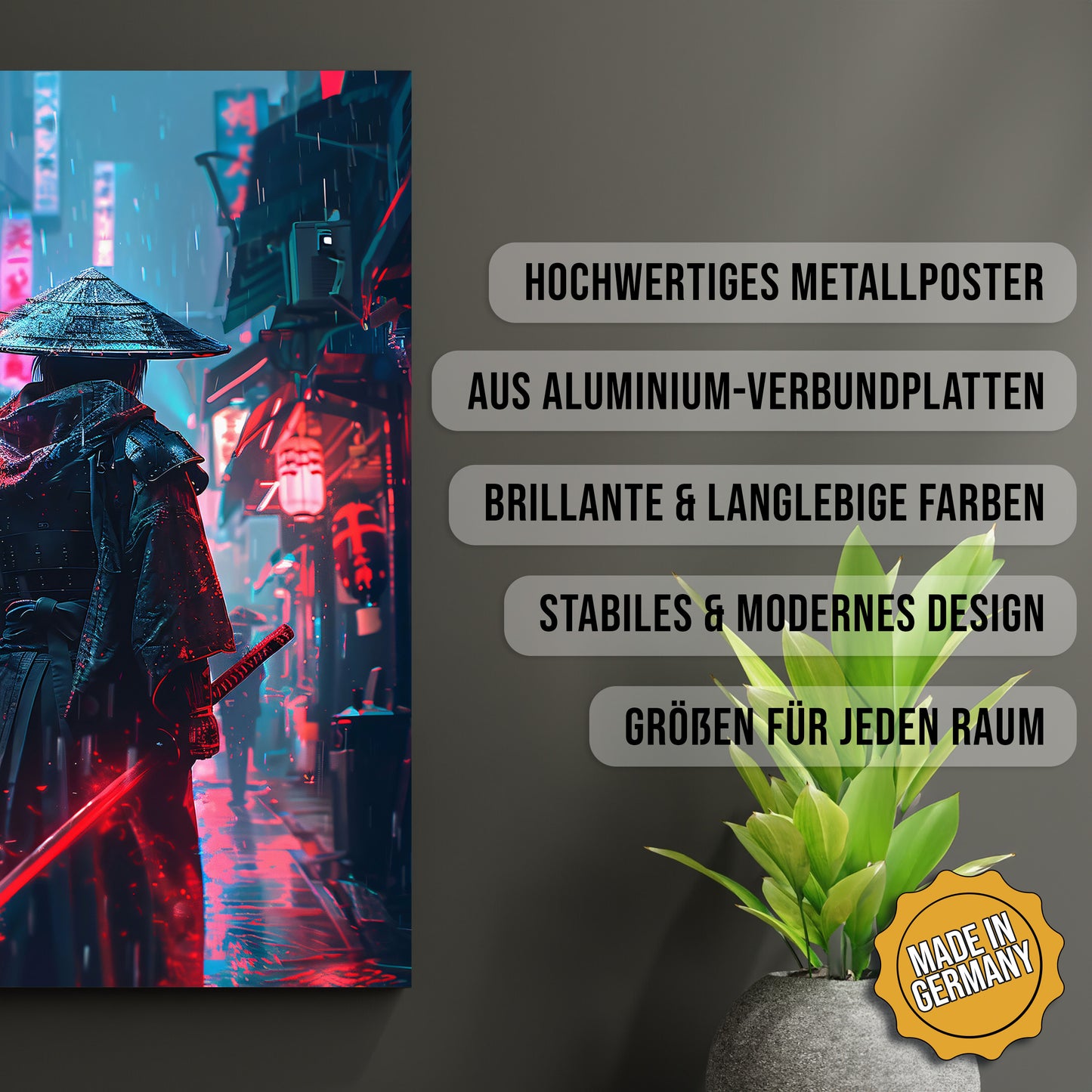 Produkt-Highlights zum Metallposter Cyberpunk Samurai. Hochwertiges Metallposter, aus Aluminium-Verbundplatten, Brillante & langlebige Farben, stabiles & modernes design, Größen für jeden Raum, Made in Germany.