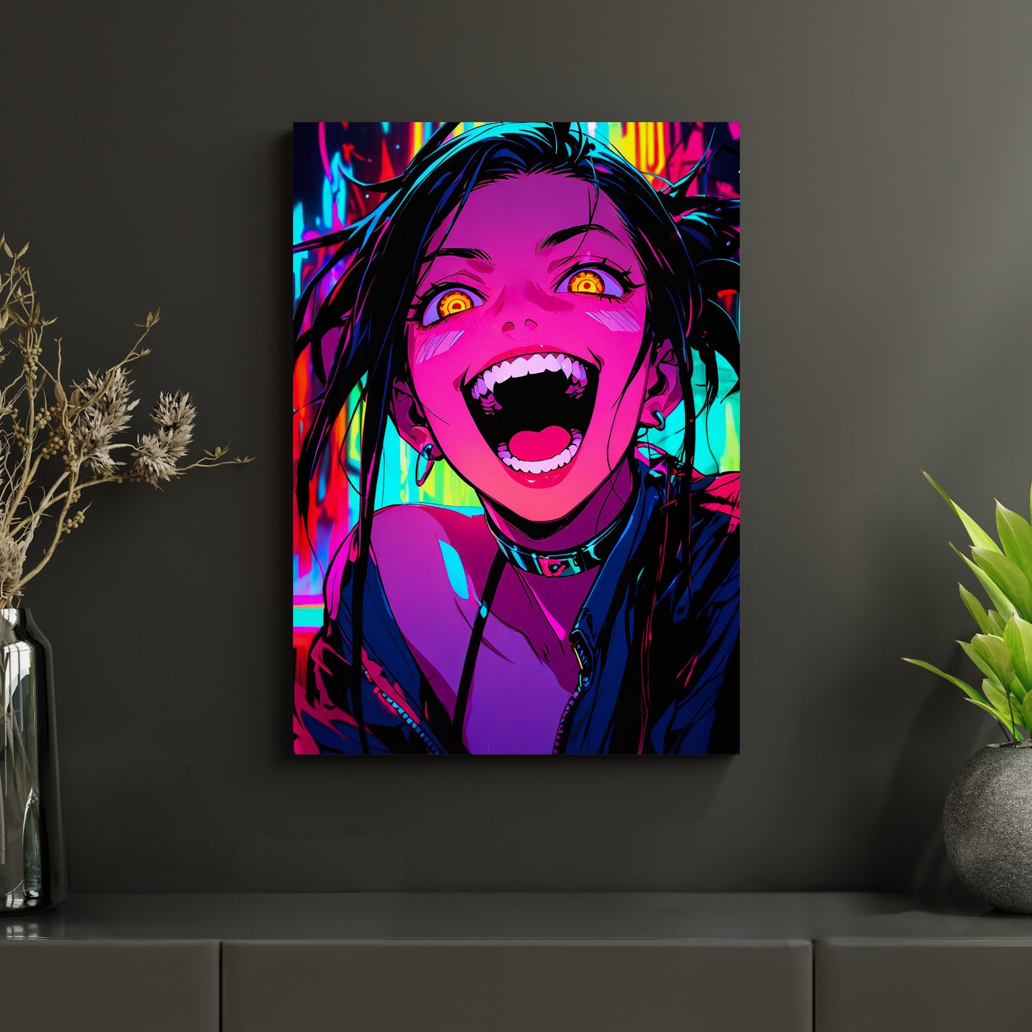 Das Metallposter 'Cyberpunk Wahnsinn' präsentiert ein auffälliges Neon-Design mit einer dynamischen Anime-Figur in leuchtenden Pink-, Blau- und Gelbtönen. Diese futuristische Wandkunst ist ein echtes Highlight und eine stilvolle Cyberpunk-Deko für Zuhause. Perfekt als Geschenk für Anime- und Cyberpunk-Fans, die kühne und lebendige Designs lieben. Ideal für Anime und Gaming Setups.