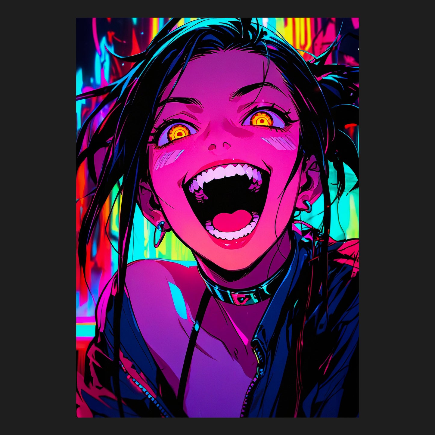 Das Motiv 'Cyberpunk Wahnsinn' kombiniert ein fesselndes Neon-Design mit einer markanten Anime-Figur, die durch leuchtende Farben und futuristische Details besticht. Dieses Metallposter im Cyberpunk-Stil ist ein absolutes Must-have für alle, die ein einzigartiges futuristisches Wandbild suchen. Ideal als Geschenk für Anime- und Cyberpunk-Fans.