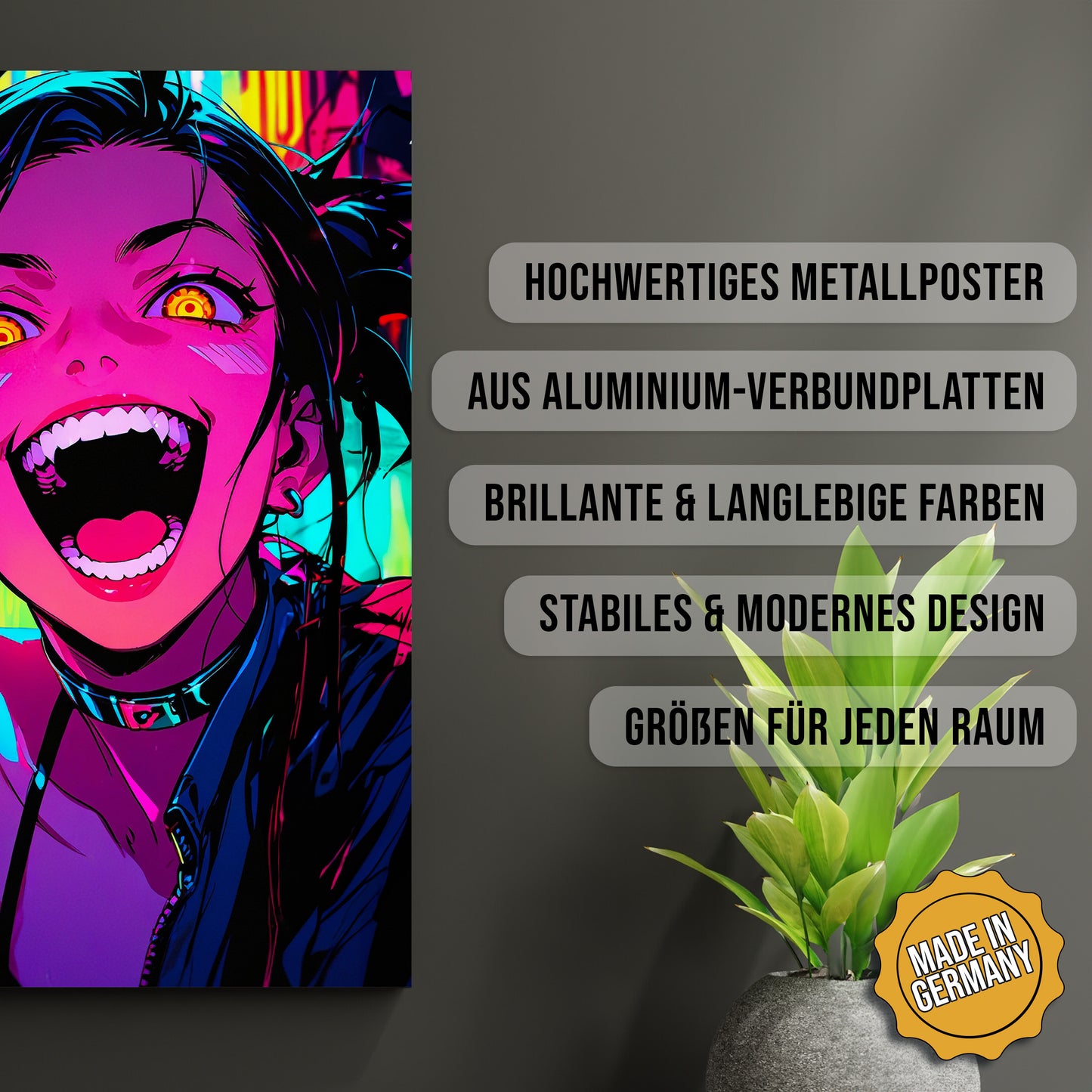 Produkt-Highlights zum Metallposter Cyberpunk Wahnsinn. Hochwertiges Metallposter, aus Aluminium-Verbundplatten, Brillante & langlebige Farben, stabiles & modernes design, Größen für jeden Raum, Made in Germany.