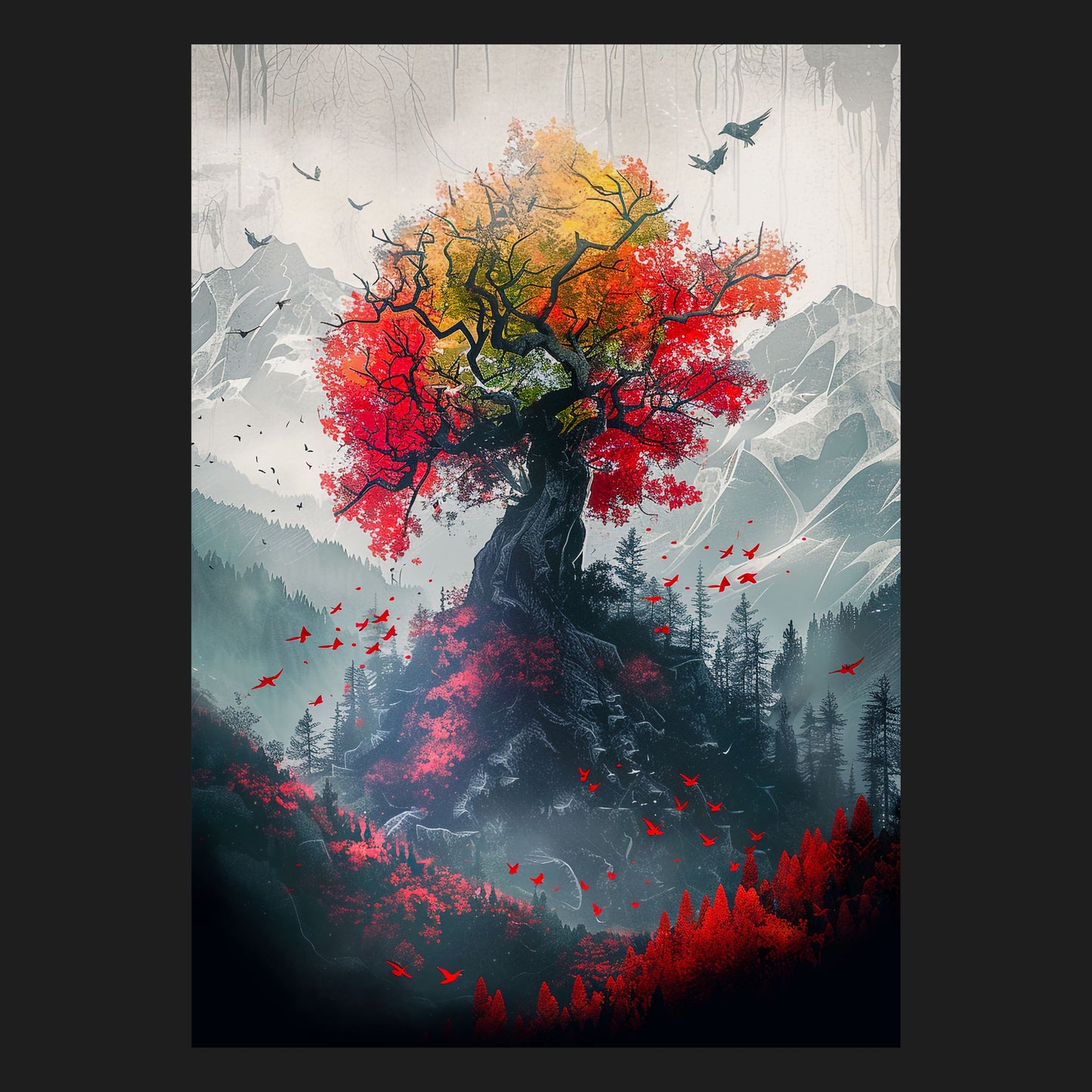 Fantasy Poster "Der Baum des Lebens", Fantasy Landschaft Wandkunst, mystische Naturlandschaft aus einer Fantasy Welt als Wandposter, perfekte Wanddekoration für Gamer und Fantasy-Fans, kräftige Farben