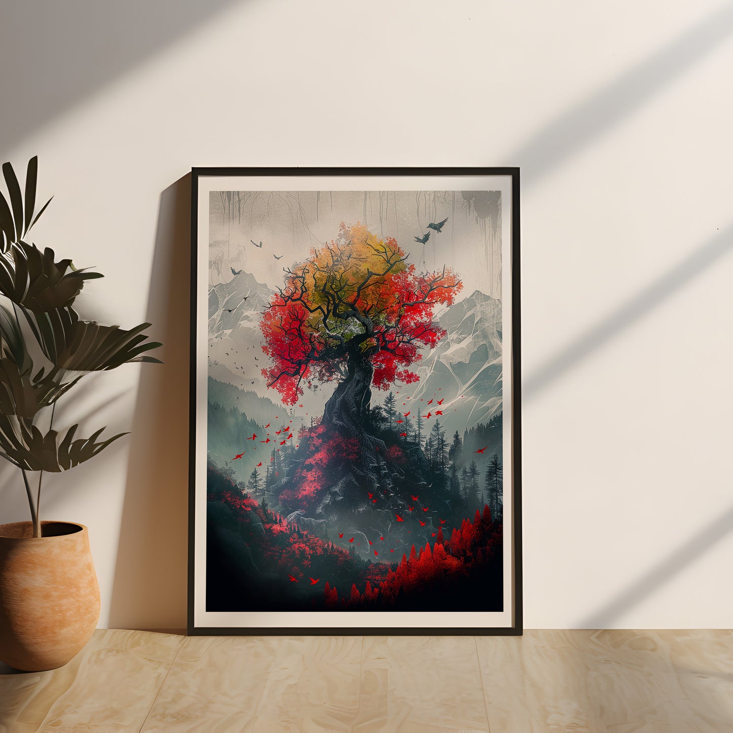 Gerahmtes Fantasy Poster "Der Baum des Lebens" mit Echtholzrahmen, Fantasy Landschaft Wandkunst, mystische Naturlandschaft aus einer Fantasy Welt als Wandposter, perfekte Wanddekoration für Gamer und Fantasy-Fans, kräftige Farben, Gaming Poster mit Rahmen