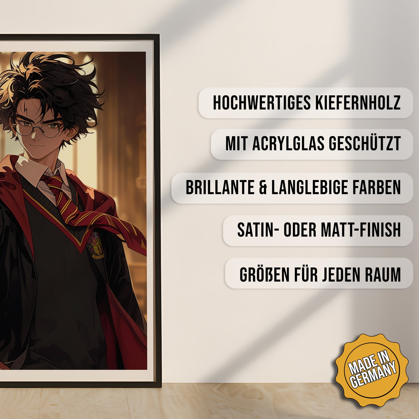 Produkt-Highlights zum gerahmten Poster Der Auserwählte.
Hochwertiges Kiefernholz, mit Acrylglas geschützt, Brillante & langlebige Farben, satin- oder matt-finish, größen für jeden Raum, Made in Germany.
