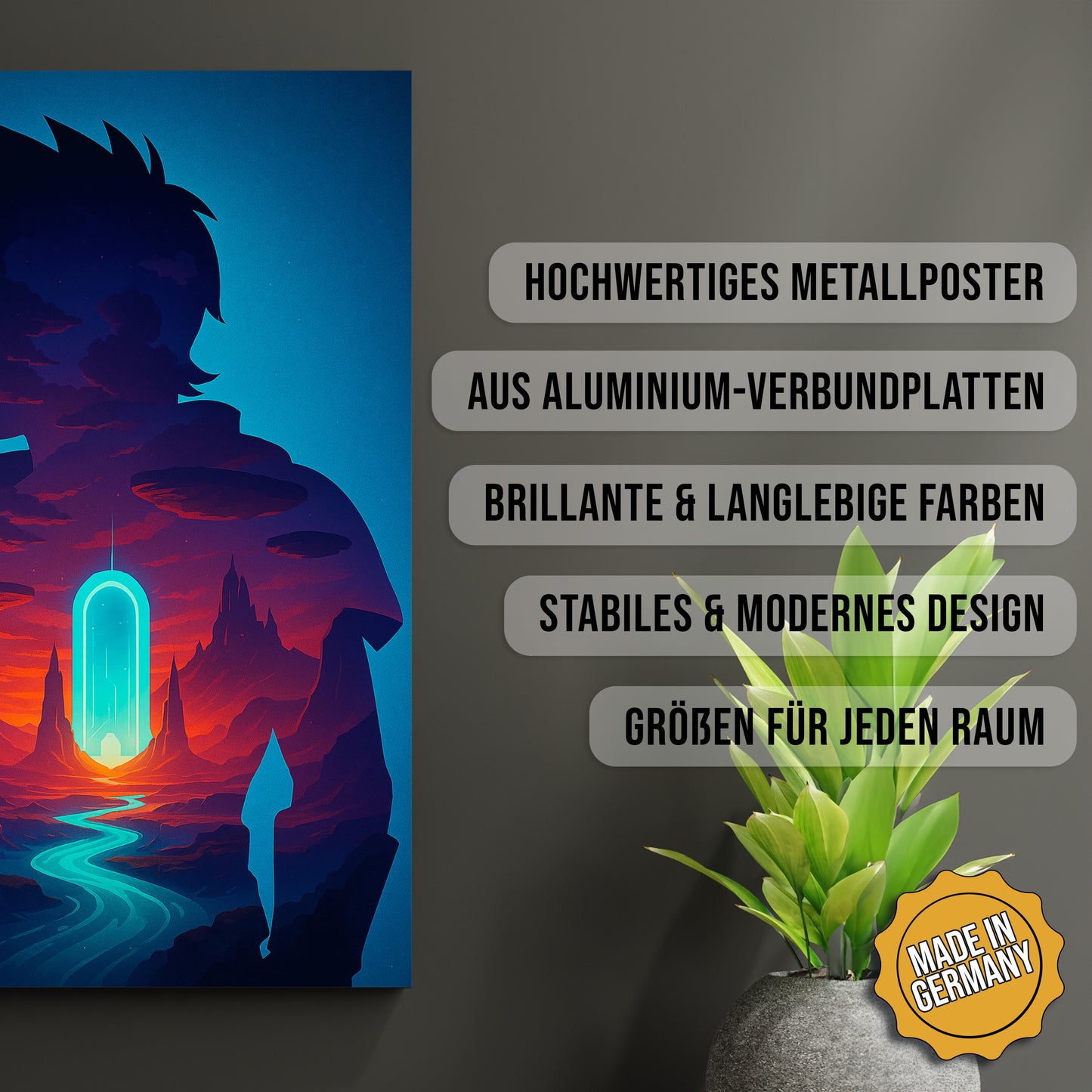Produkt-Highlights zum Metallposter Der Dimensionsreisende. Hochwertiges Metallposter, aus Aluminium-Verbundplatten, Brillante & langlebige Farben, stabiles & modernes design, Größen für jeden Raum, Made in Germany.