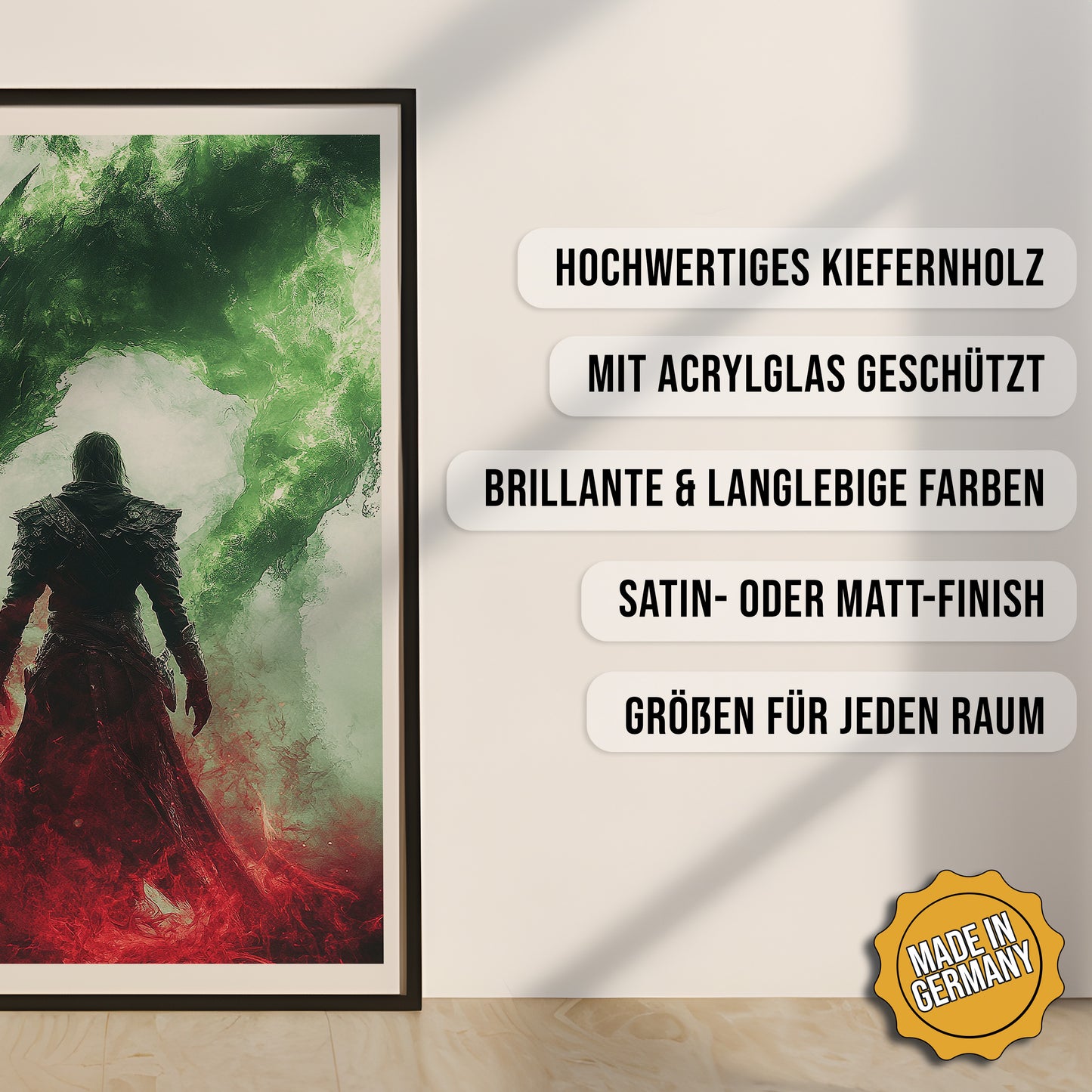 Produkt-Highlights zum gerahmten Poster Der Drachenwächter.
Hochwertiges Kiefernholz, mit Acrylglas geschützt, Brillante & langlebige Farben, satin- oder matt-finisch, größen für jeden Raum, Made in Germany.