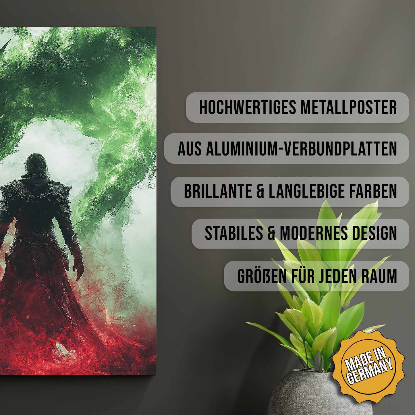 Produkt-Highlights zum Metallposter Der Drachenwächter. Hochwertiges Metallposter, aus Aluminium-Verbundplatten, Brillante & langlebige Farben, stabiles & modernes design, Größen für jeden Raum, Made in Germany.