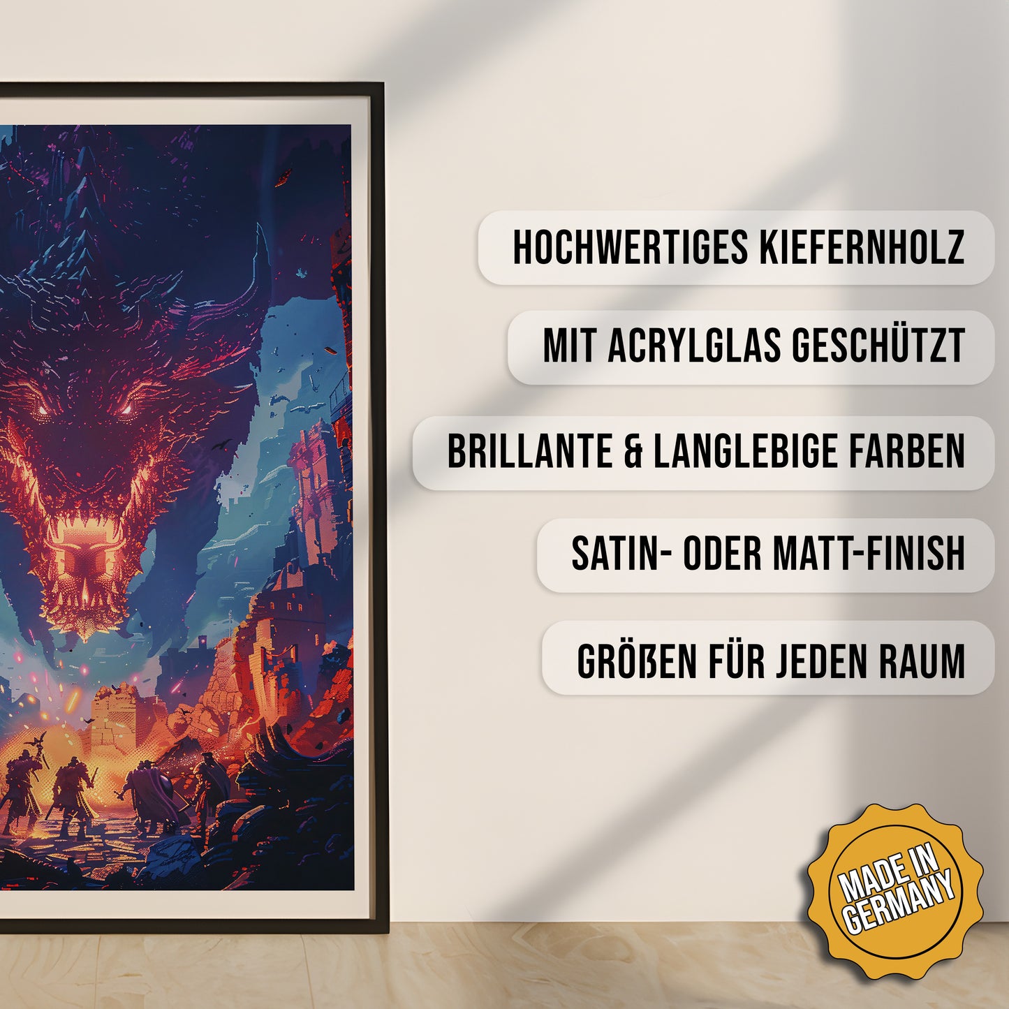 Produkt-Highlights zum gerahmten Poster Der Endboss.
Hochwertiges Kiefernholz, mit Acrylglas geschützt, Brillante & langlebige Farben, satin- oder matt-finish, größen für jeden Raum, Made in Germany.