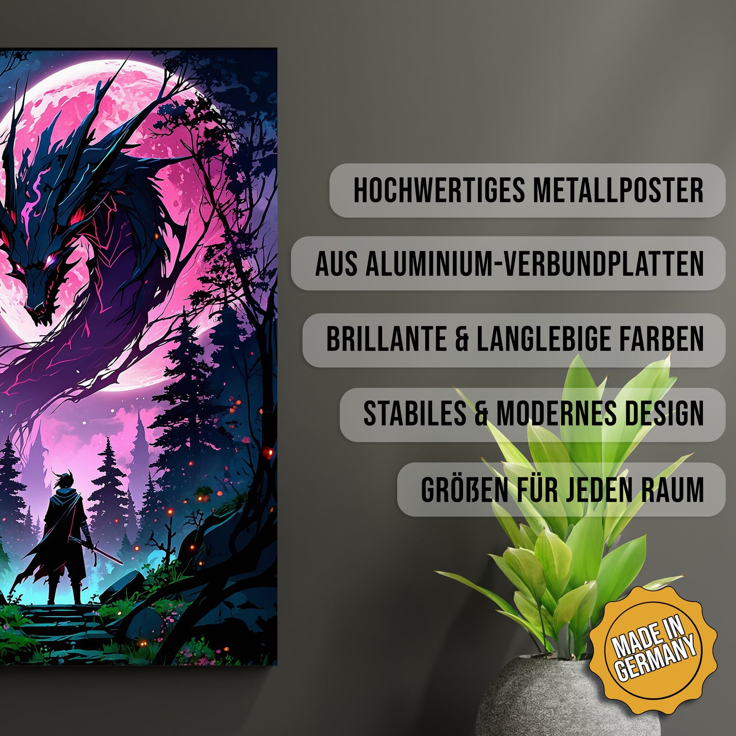 Produkt-Highlights zum Metallposter Der Monddrache. Hochwertiges Metallposter, aus Aluminium-Verbundplatten, Brillante & langlebige Farben, stabiles & modernes design, Größen für jeden Raum, Made in Germany.