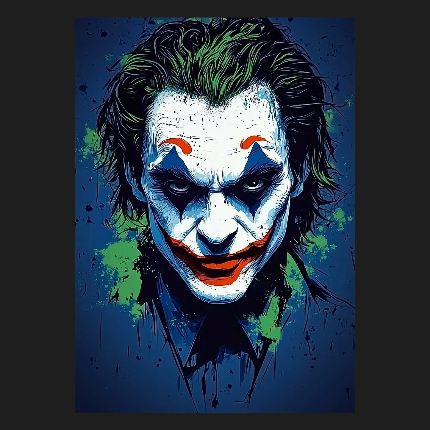 Das Kunstmotiv 'Schattenjoker' zeigt ein düsteres und eindrucksvolles Porträt des Jokers mit intensiven Farbtönen in Blau, Grün und Rot. Dieses Comic-Kunst Poster vereint dunkle Ästhetik und Antiheld-Charakter zu einer einzigartigen Joker-Kunst für Zuhause. Es ist eine ideale Wahl als Antiheld-Wanddeko und ein großartiges Geschenk für Gaming- und Comic-Fans.