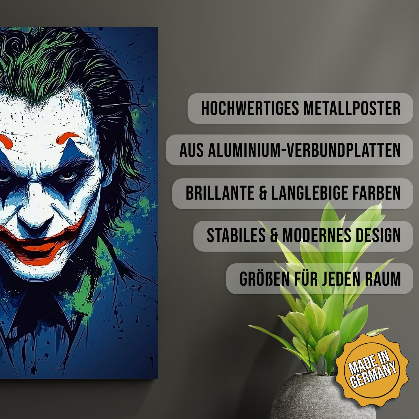 Produkt-Highlights zum Metallposter Der Schattenjoker. Hochwertiges Metallposter, aus Aluminium-Verbundplatten, Brillante & langlebige Farben, stabiles & modernes design, Größen für jeden Raum, Made in Germany.