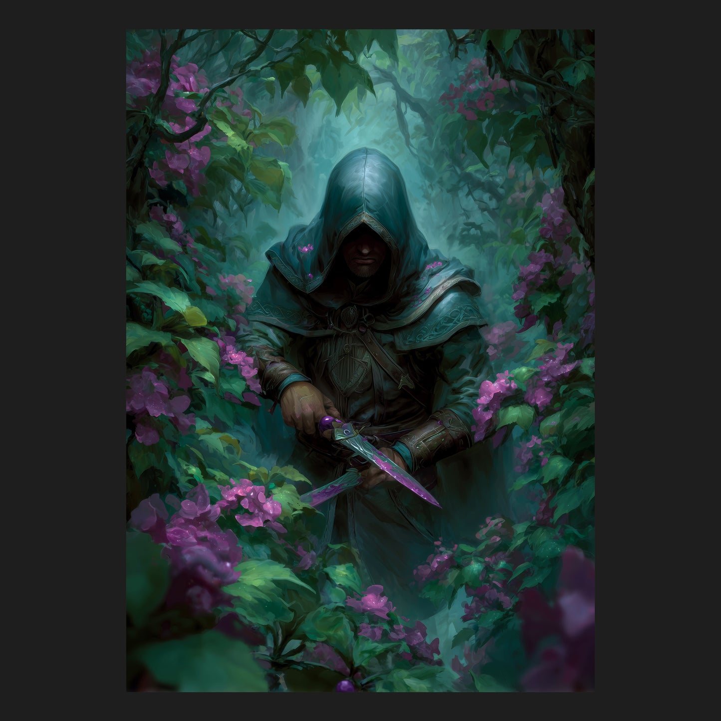 Fantasy-Illustration eines mysteriösen Assassinen mit Kapuze und Dolch, der sich lautlos durch einen dichten, blühenden Wald bewegt – detailreiches, stimmungsvolles Wandbild für Fans von Abenteuer- und Rollenspielwelten.