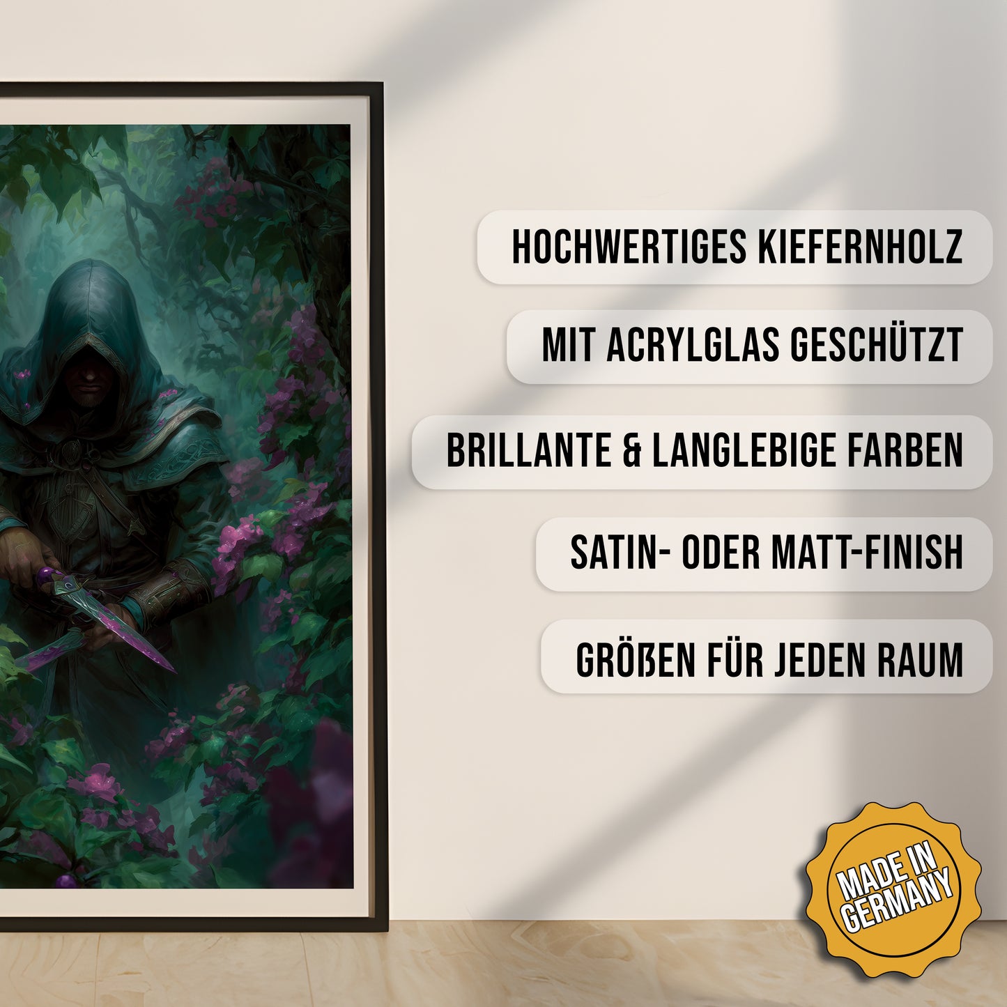 Produkt-Highlights zum gerahmten Poster Der lautlose Assassine.
Hochwertiges Kiefernholz, mit Acrylglas geschützt, Brillante & langlebige Farben, satin- oder matt-finisch, größen für jeden Raum, Made in Germany.