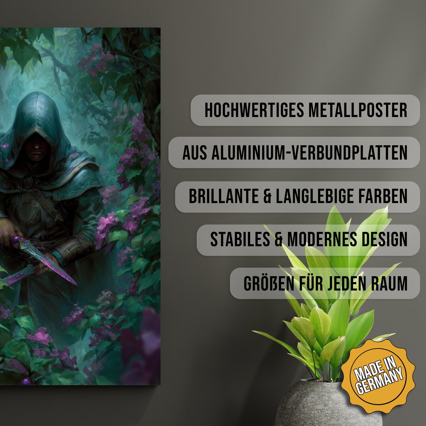 Produkt-Highlights zum Metallposter Der lautlose Assassine. Hochwertiges Metallposter, aus Aluminium-Verbundplatten, Brillante & langlebige Farben, stabiles & modernes design, Größen für jeden Raum, Made in Germany.