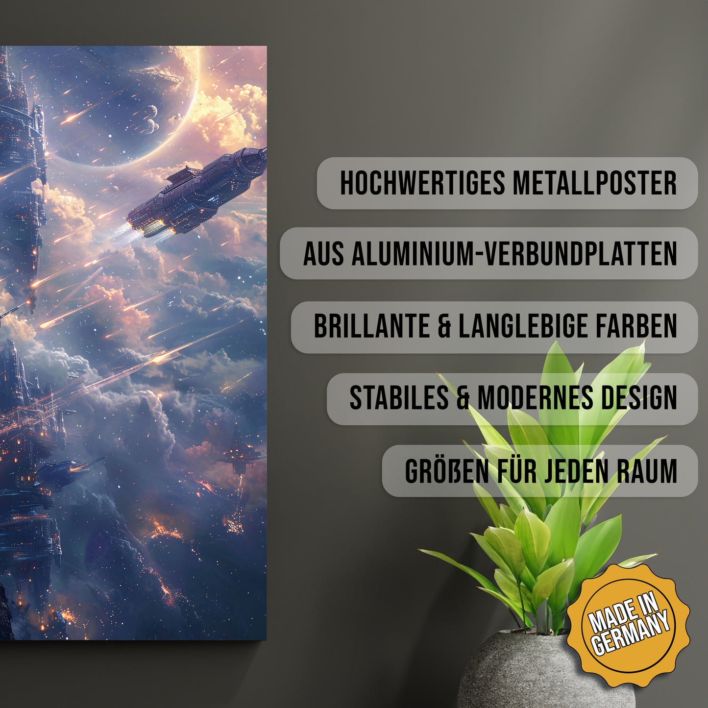 Produkt-Highlights zum Metallposter Der letzte Sternenkrieg. Hochwertiges Metallposter, aus Aluminium-Verbundplatten, Brillante & langlebige Farben, stabiles & modernes design, Größen für jeden Raum, Made in Germany.
