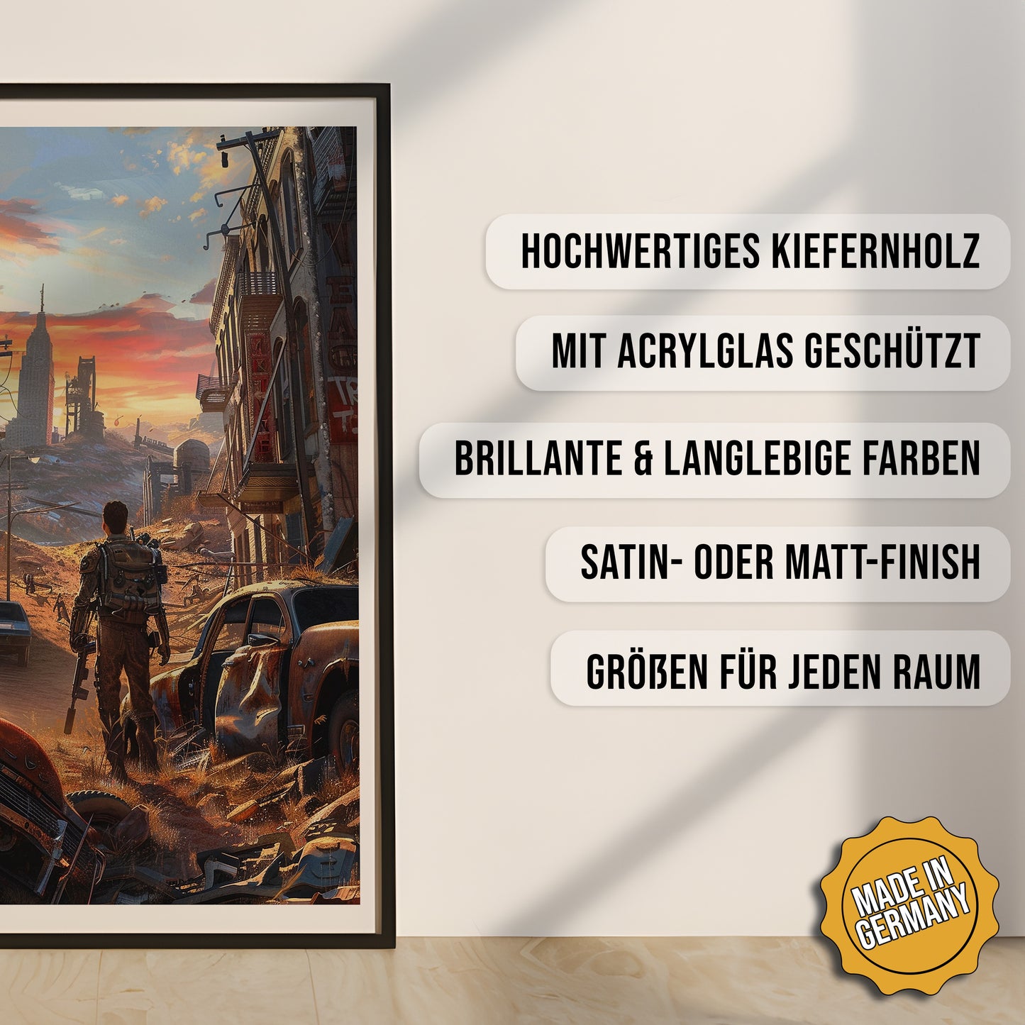 Produkt-Highlights zum gerahmten Poster Der letzte Überlebende.
Hochwertiges Kiefernholz, mit Acrylglas geschützt, Brillante & langlebige Farben, satin- oder matt-finish, größen für jeden Raum, Made in Germany.