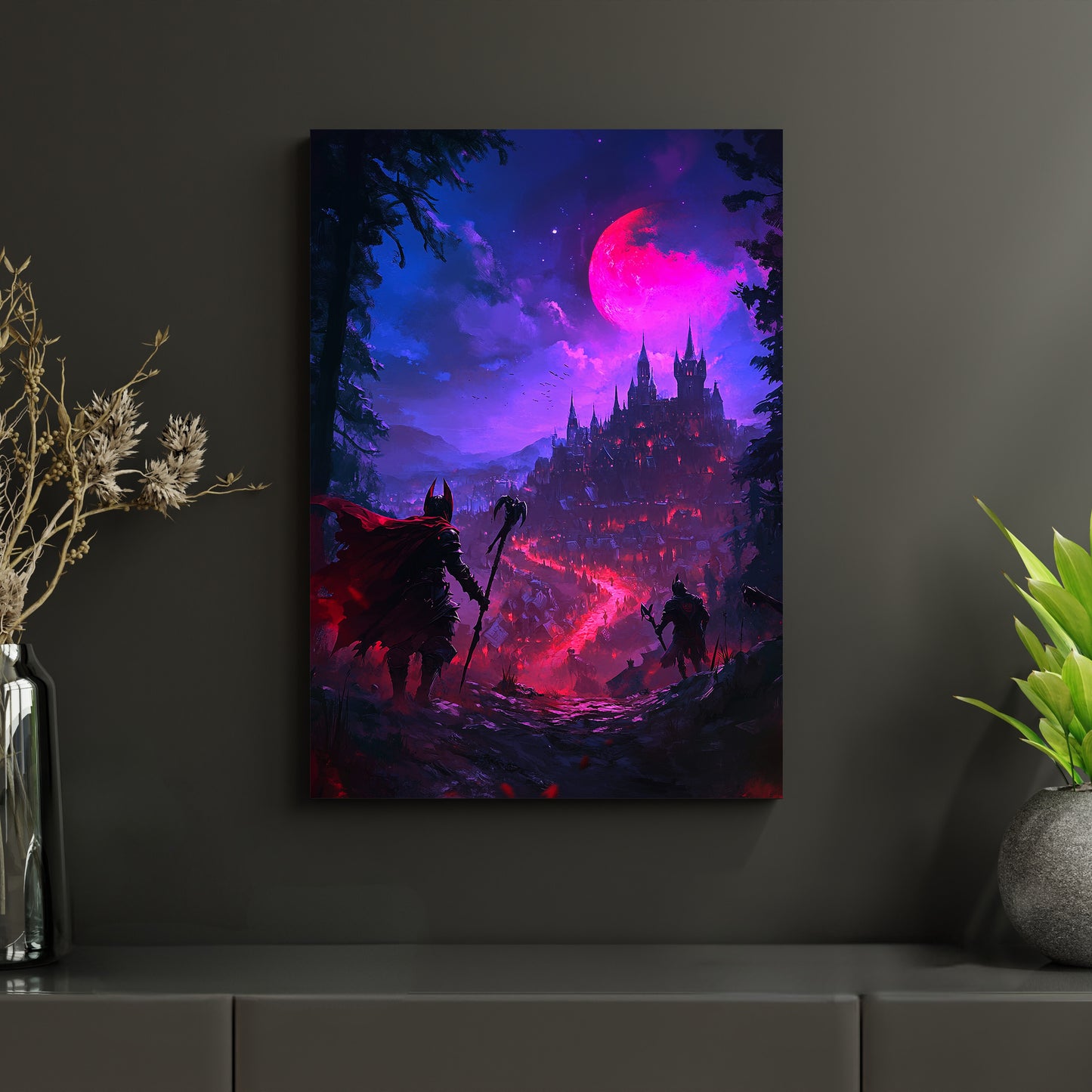 Hochwertiges Metallposter mit dramatischer Fantasy-Szenerie: zwei Krieger vor einer glühenden Festung unter blutrotem Mond. Gedruckt auf langlebigen Aluminiumverbundplatten – ideal für Liebhaber dunkler Vampir-Fantasy.