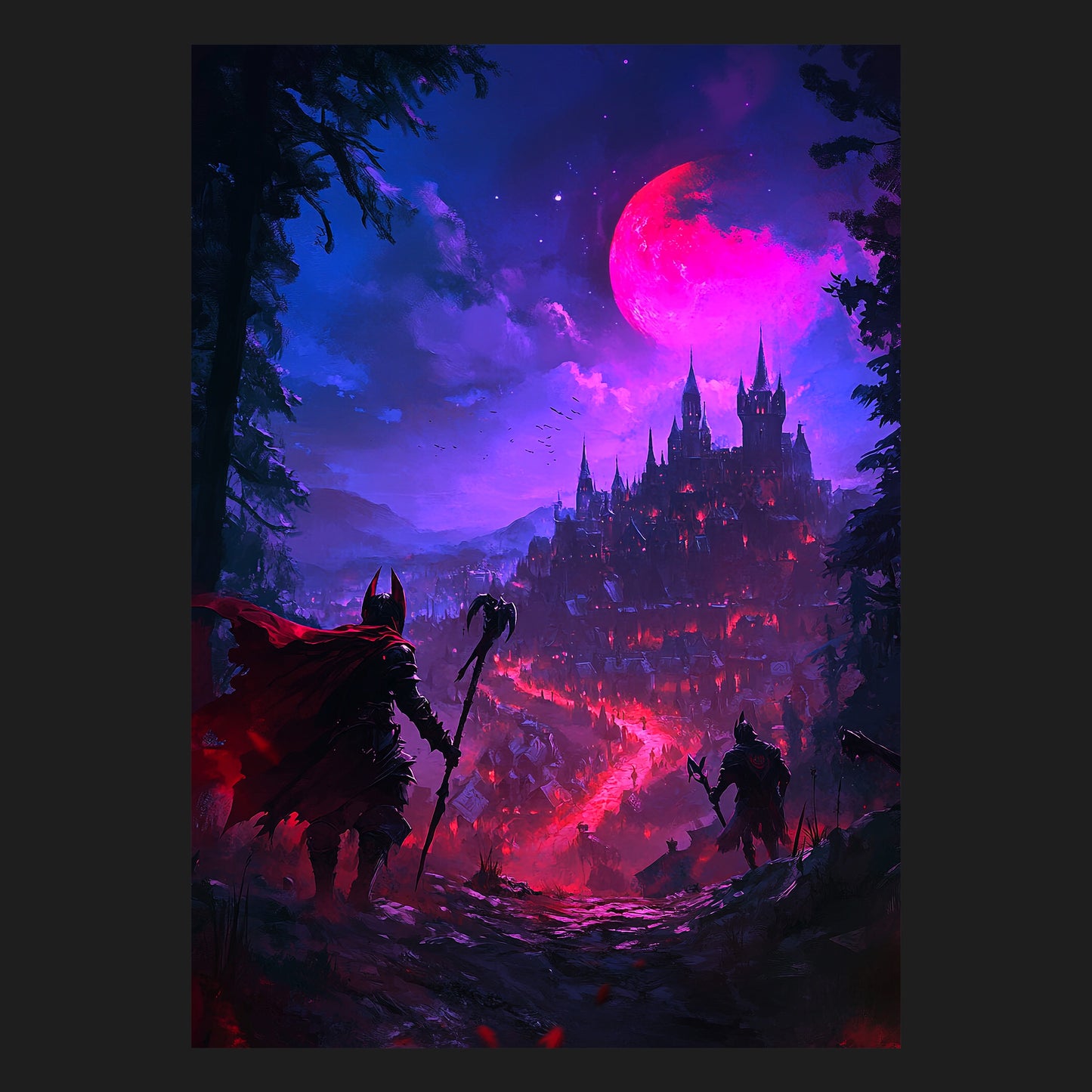 Episches Fantasy-Motiv mit zwei dunklen Kriegern, die auf eine imposante, von Fackeln erleuchtete Festung unter einem blutroten Vollmond blicken. Die Szenerie erinnert an die düstere Vampir-Ästhetik von Vampire Games.