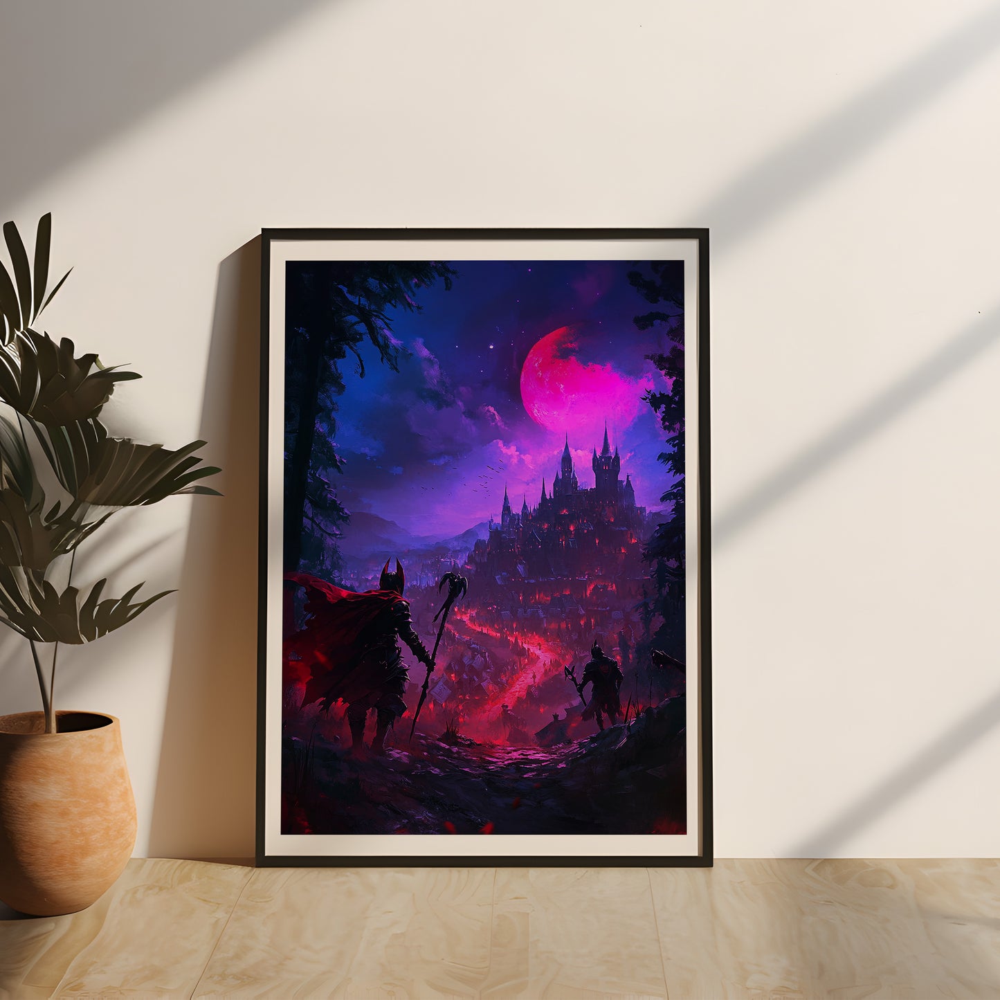 Düsteres Fantasy-Wandbild mit einer bedrohlich leuchtenden Burg und zwei Schattenkriegern, edel gerahmt in Echtholz und geschützt durch Acrylglas – ein perfekter Eyecatcher für Fans von Dark-Fantasy und Gothic-Welten.