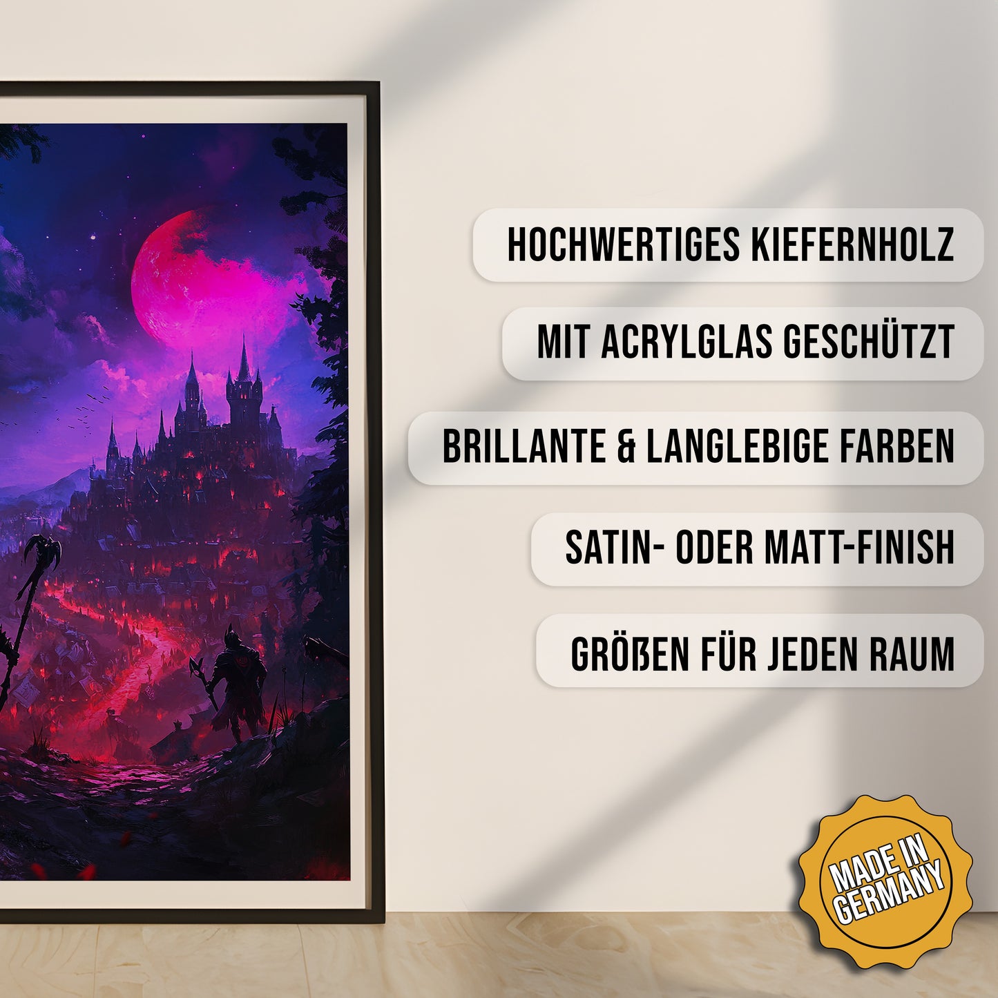 Produkt-Highlights zum gerahmten Poster Der dunkle Untergang.
Hochwertiges Kiefernholz, mit Acrylglas geschützt, Brillante & langlebige Farben, satin- oder matt-finisch, größen für jeden Raum, Made in Germany.