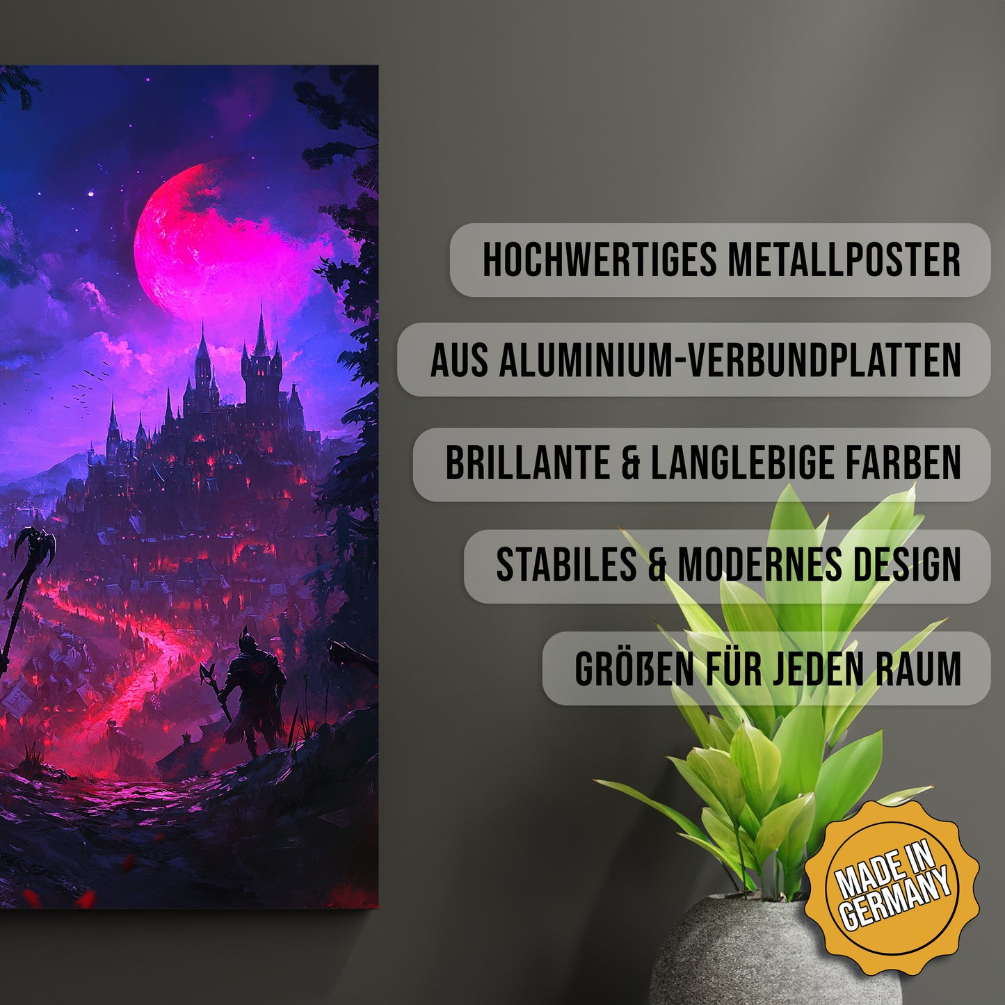 Produkt-Highlights zum Metallposter Der dunkle Untergang. Hochwertiges Metallposter, aus Aluminium-Verbundplatten, Brillante & langlebige Farben, stabiles & modernes design, Größen für jeden Raum, Made in Germany.