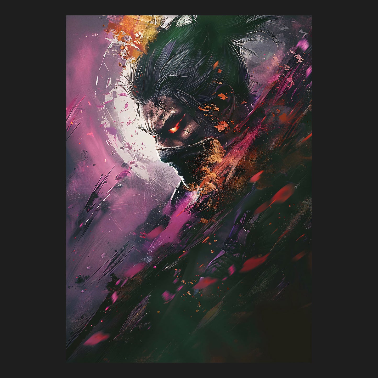 Abstraktes Gaming-Poster eines japanischen Schattenkriegers in intensiven, düsteren Farben, das die mystische und kraftvolle Atmosphäre eines epischen Abenteuers einfängt, Japan Motiv, Gaming Motiv
