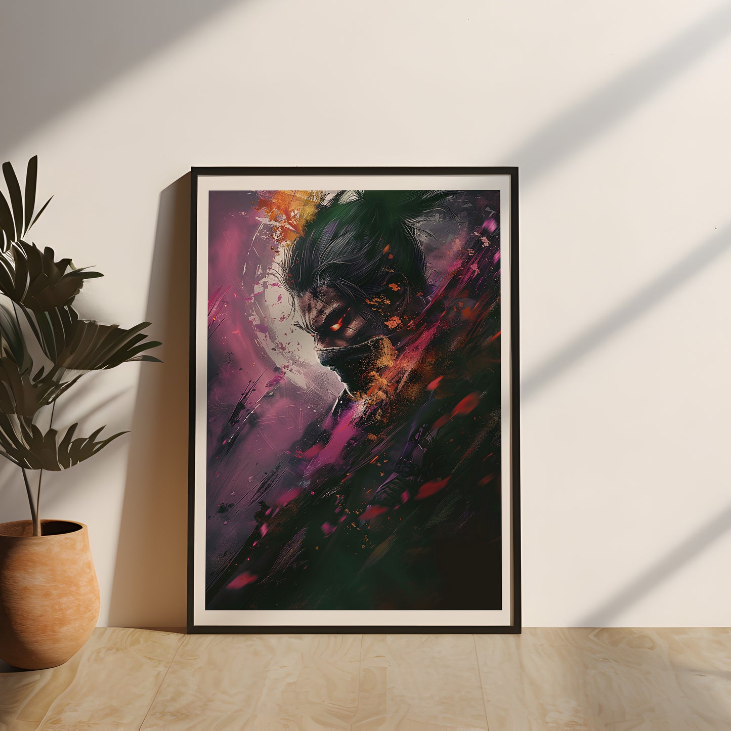 Gaming-Poster mit einem japanischen Schattenkrieger in düsteren Farben, gerahmt in einem hochwertigen Echtholzrahmen und Acrylglas. Perfekt als epische Wanddekoration für Gamer, die eine kraftvolle und inspirierende Atmosphäre schaffen möchten, stilvolle Wanddeko für Gamer, Japan Poster, japanisches Kriegermotiv, Samurai Poster, Assassinen Poster