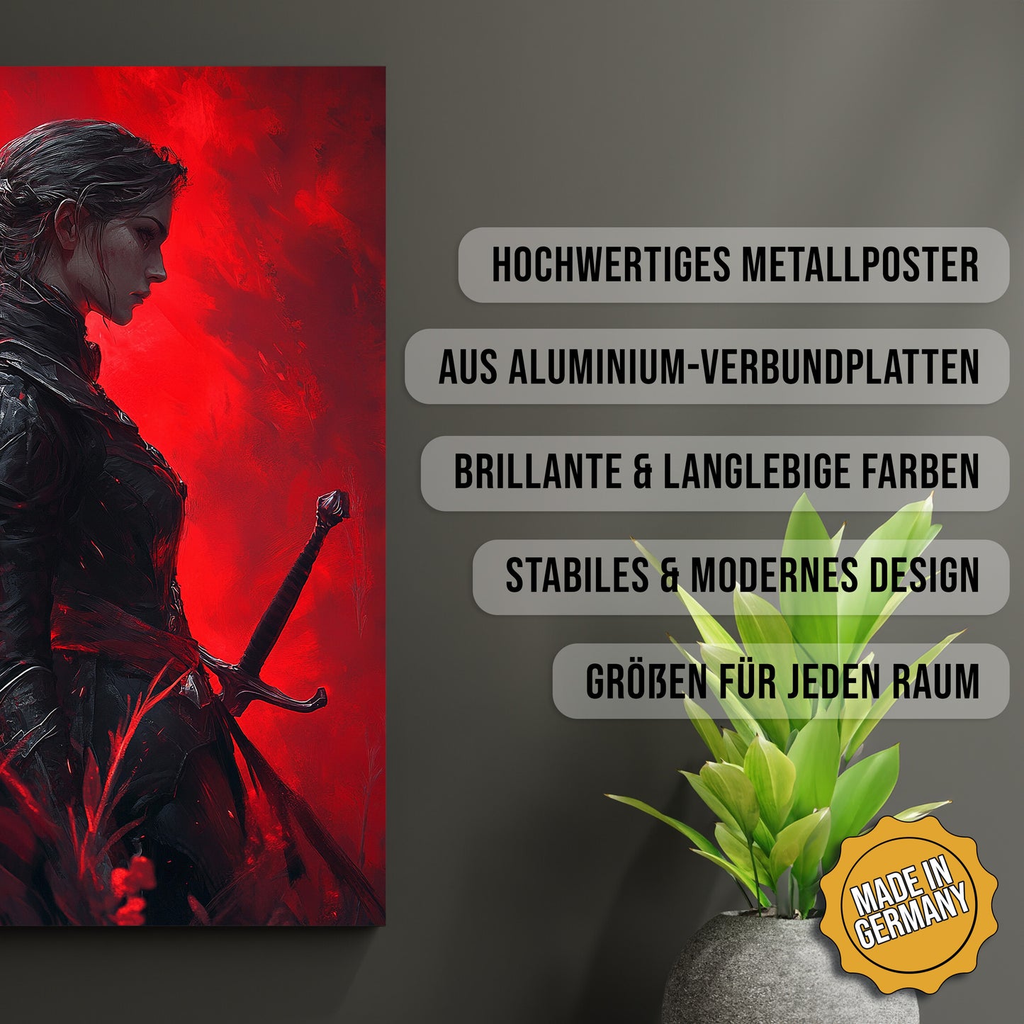 Produkt-Highlights zum Metallposter Die Blutkriegerin. Hochwertiges Metallposter, aus Aluminium-Verbundplatten, Brillante & langlebige Farben, stabiles & modernes design, Größen für jeden Raum, Made in Germany.
