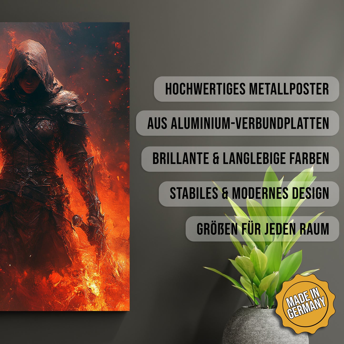 Produkt-Highlights zum Metallposter Die Flammenwächter. Hochwertiges Metallposter, aus Aluminium-Verbundplatten, Brillante & langlebige Farben, stabiles & modernes design, Größen für jeden Raum, Made in Germany.