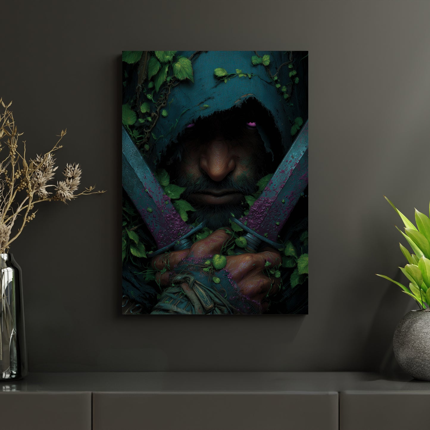 Metallposter mit düsterem Porträt eines Waldkriegers, der zwei mit violetter Farbe benetzte Dolche hält. Gedruckt auf robusten Aluminiumverbundplatten – ideal für Gamer, Rollenspiel-Fans und Liebhaber atmosphärischer Fantasy-Kunst.