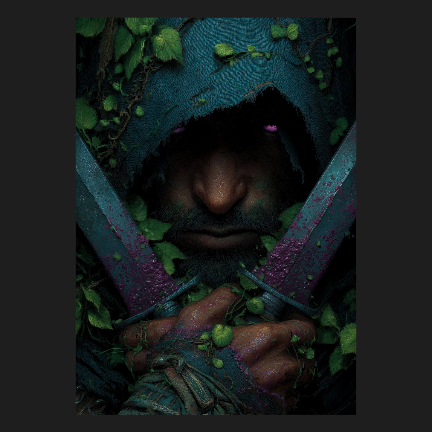 Detailreiche Fantasy-Illustration eines verhüllten Waldkriegers mit zwei Dolchen, umgeben von Blättern und Ranken – intensives, atmosphärisches Kunstmotiv für epische Wandgestaltung.