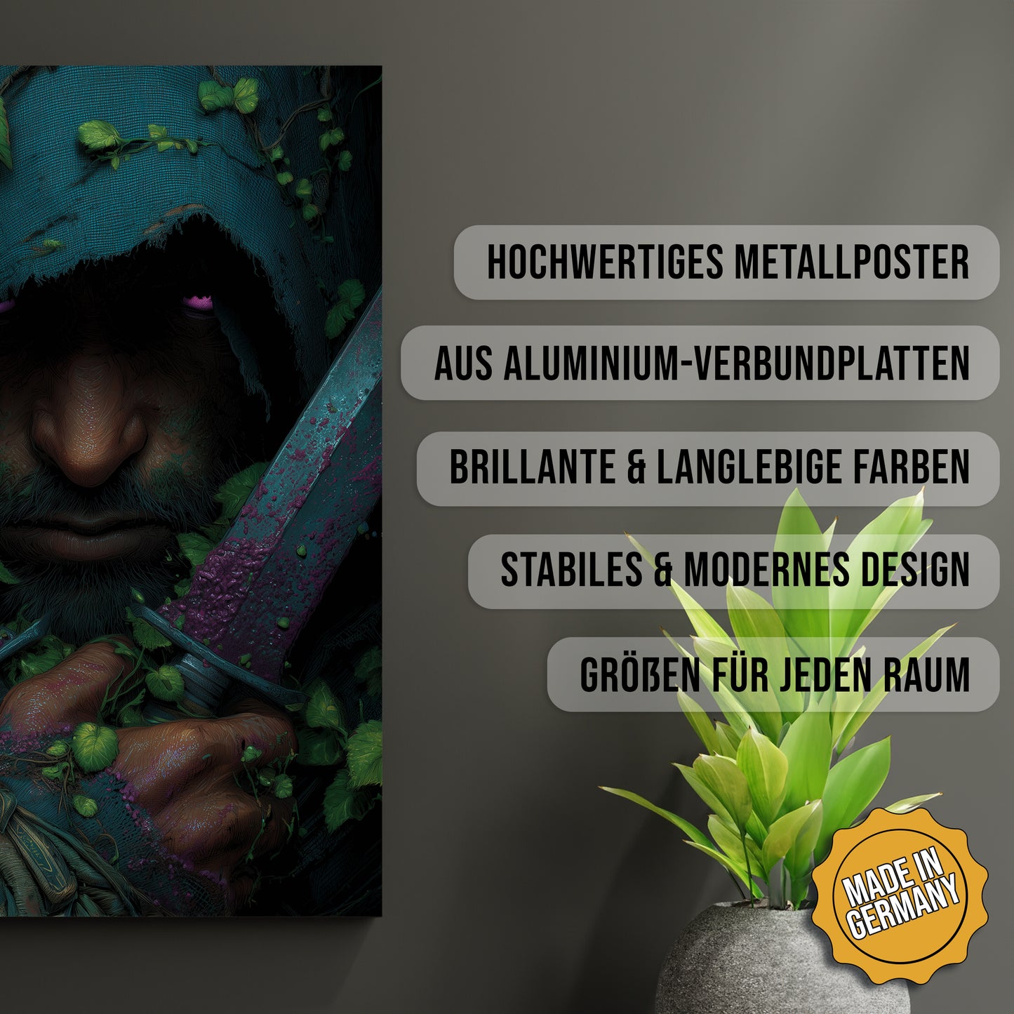 Produkt-Highlights zum Metallposter Die Klingen des Waldes. Hochwertiges Metallposter, aus Aluminium-Verbundplatten, Brillante & langlebige Farben, stabiles & modernes design, Größen für jeden Raum, Made in Germany.
