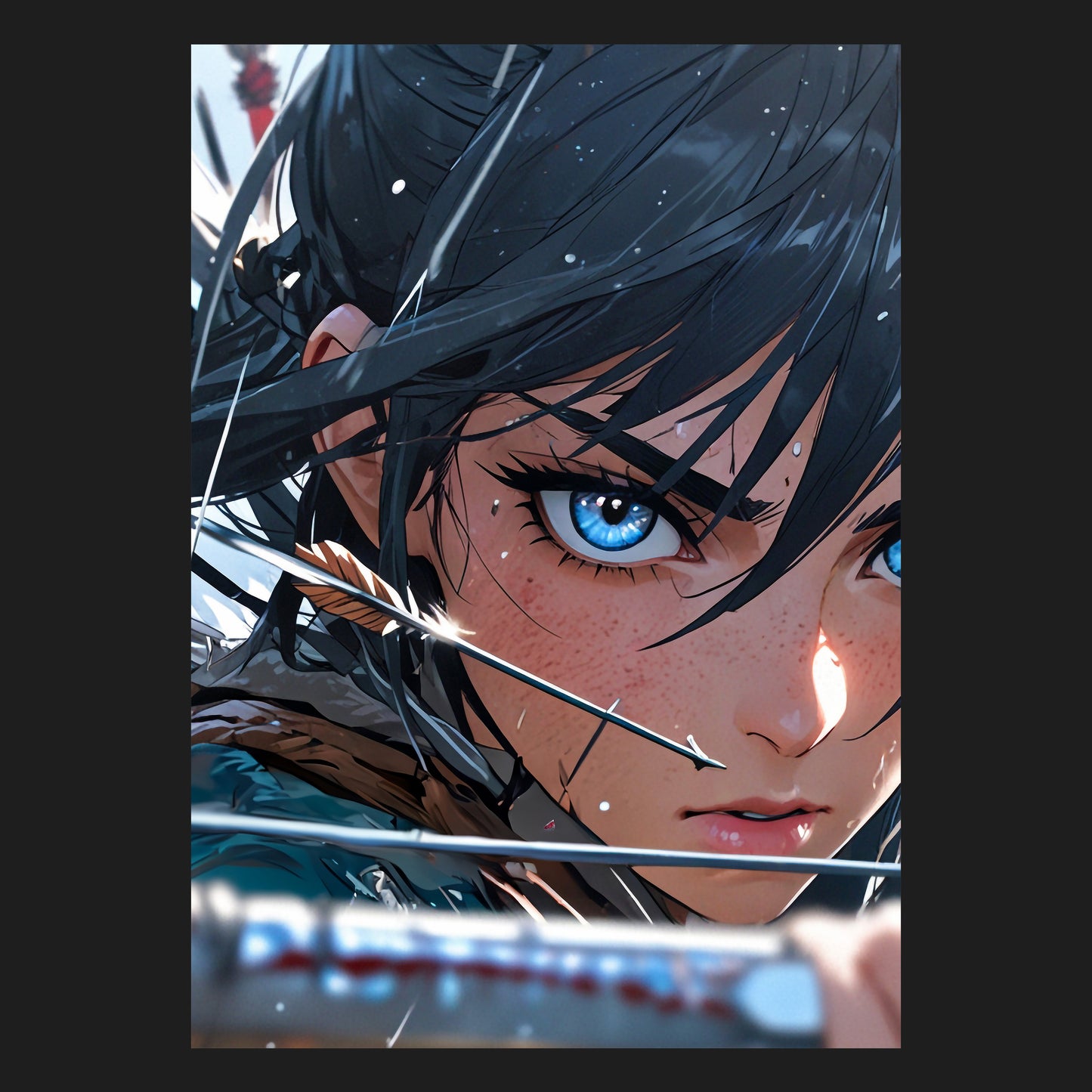 Das Motiv 'Die Saphirjägerin' zeigt eine mutige Anime-Figur in Nahaufnahme, die mit ihren durchdringenden blauen Augen und einem gespannten Pfeil die Essenz von Abenteuer-Kunst für Zuhause einfängt. Dieses Anime-Wandbild, das starke weibliche Charaktere darstellt, ist ein perfektes Geschenk für Kunst- und Abenteuerfans.